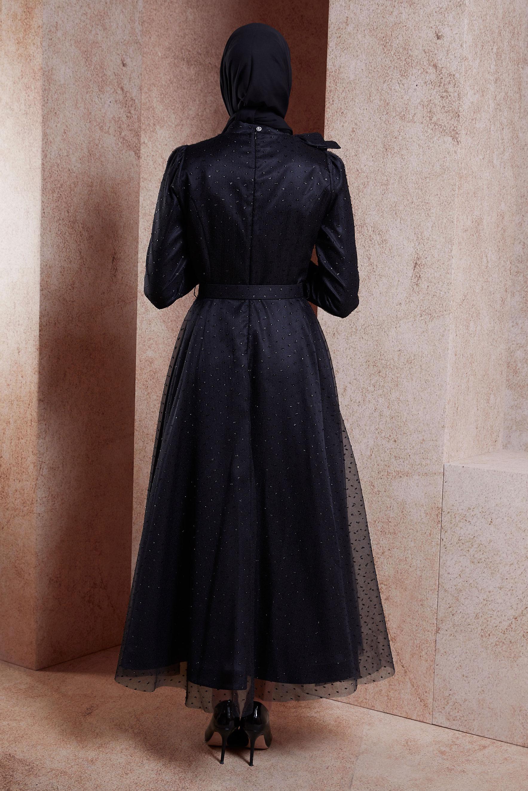 Vêtements hijab NOIR ROBE DE SOIRÉE MODESTE CEINTURE 50271