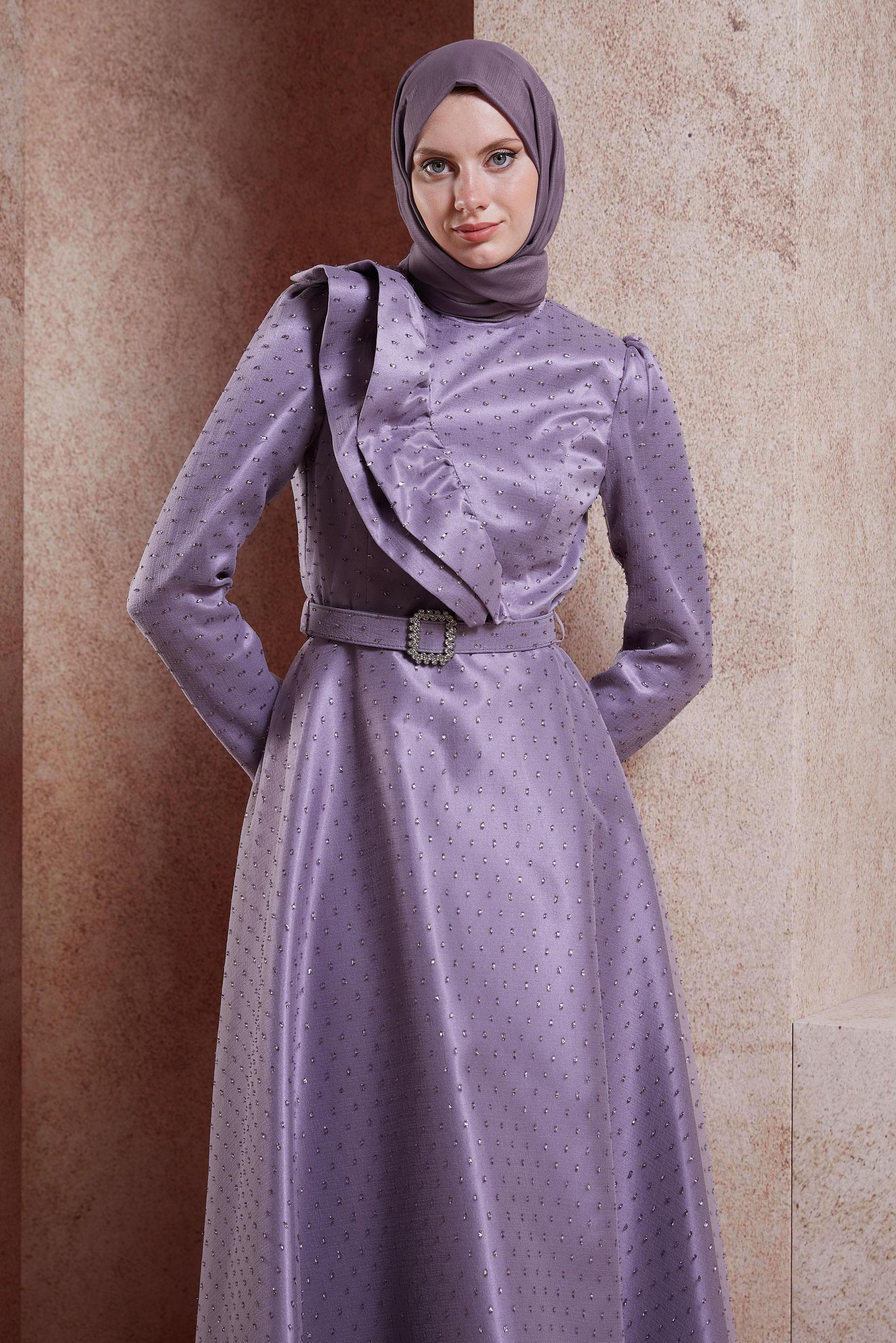 Tesettür giyim MOR KEMERLİ TESETTÜR ABİYE ELBİSE 50271