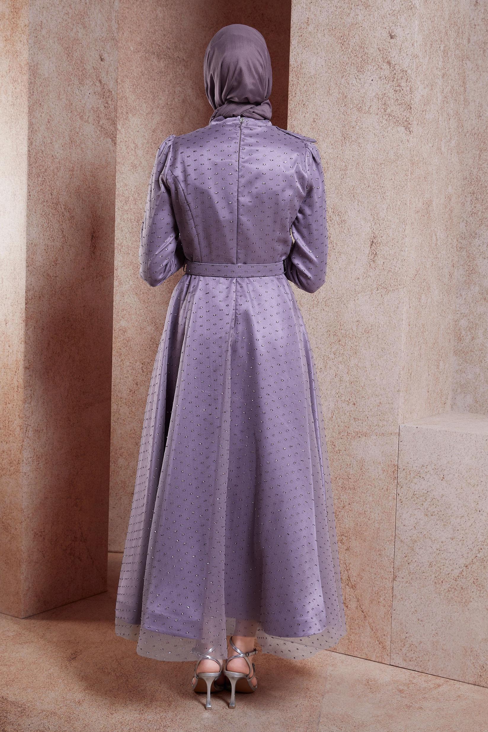 Tesettür giyim MOR KEMERLİ TESETTÜR ABİYE ELBİSE 50271