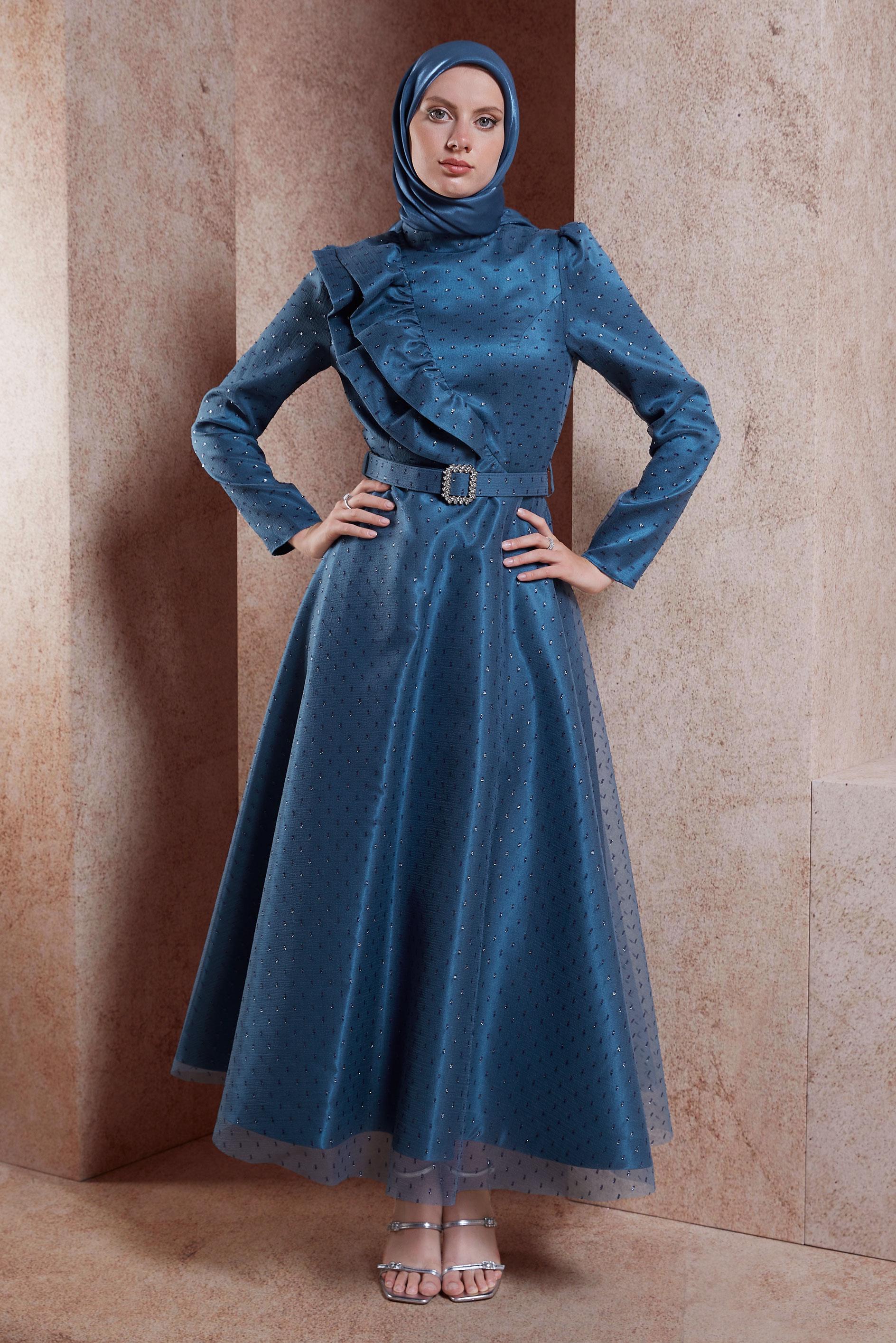 Tesettür giyim LACİVERT KEMERLİ TESETTÜR ABİYE ELBİSE 50271