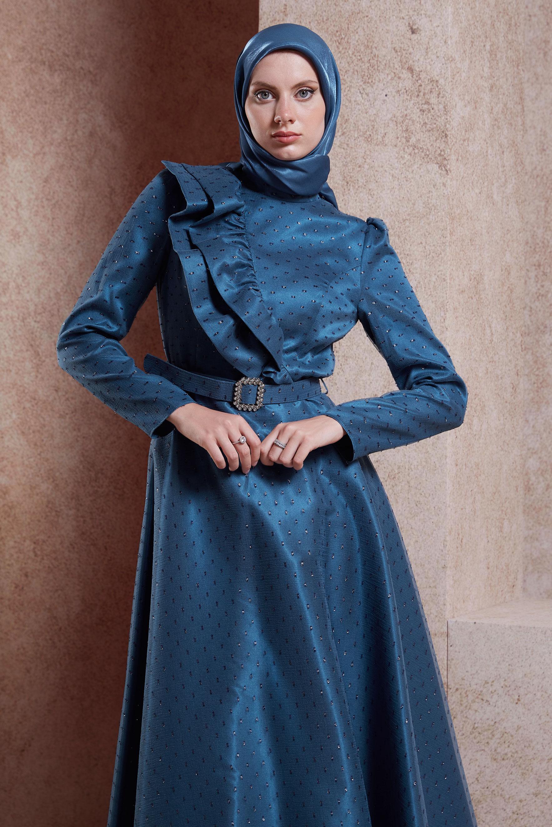 Tesettür giyim LACİVERT KEMERLİ TESETTÜR ABİYE ELBİSE 50271