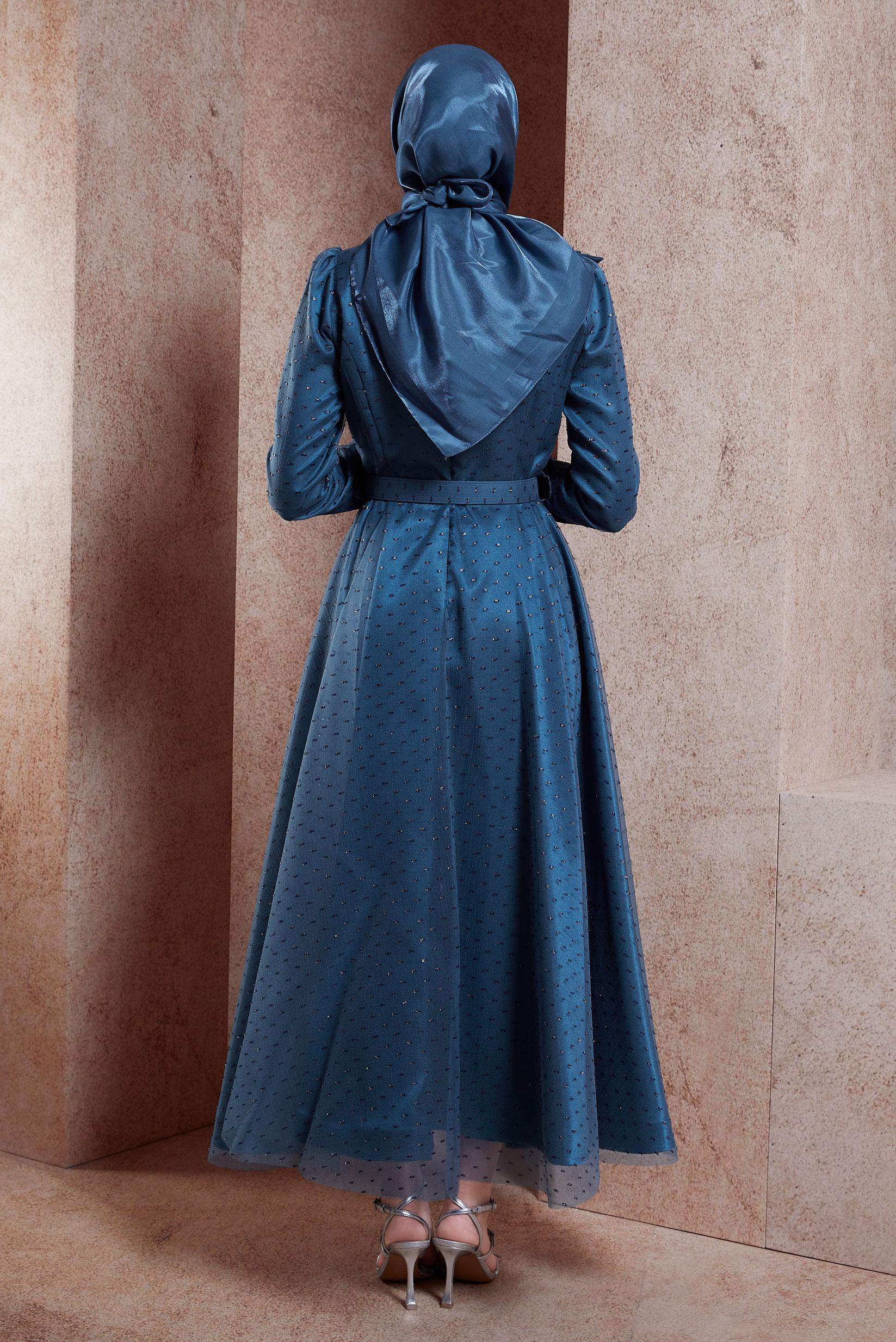 Tesettür giyim LACİVERT KEMERLİ TESETTÜR ABİYE ELBİSE 50271