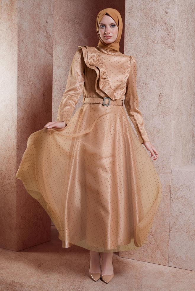 Tesettür giyim KAHVE KEMERLİ TESETTÜR ABİYE ELBİSE 50271 - ALVİNA