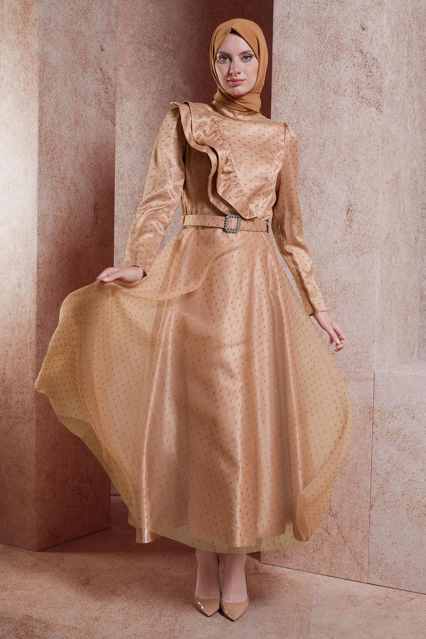 Tesettür giyim KAHVE KEMERLİ TESETTÜR ABİYE ELBİSE 50271