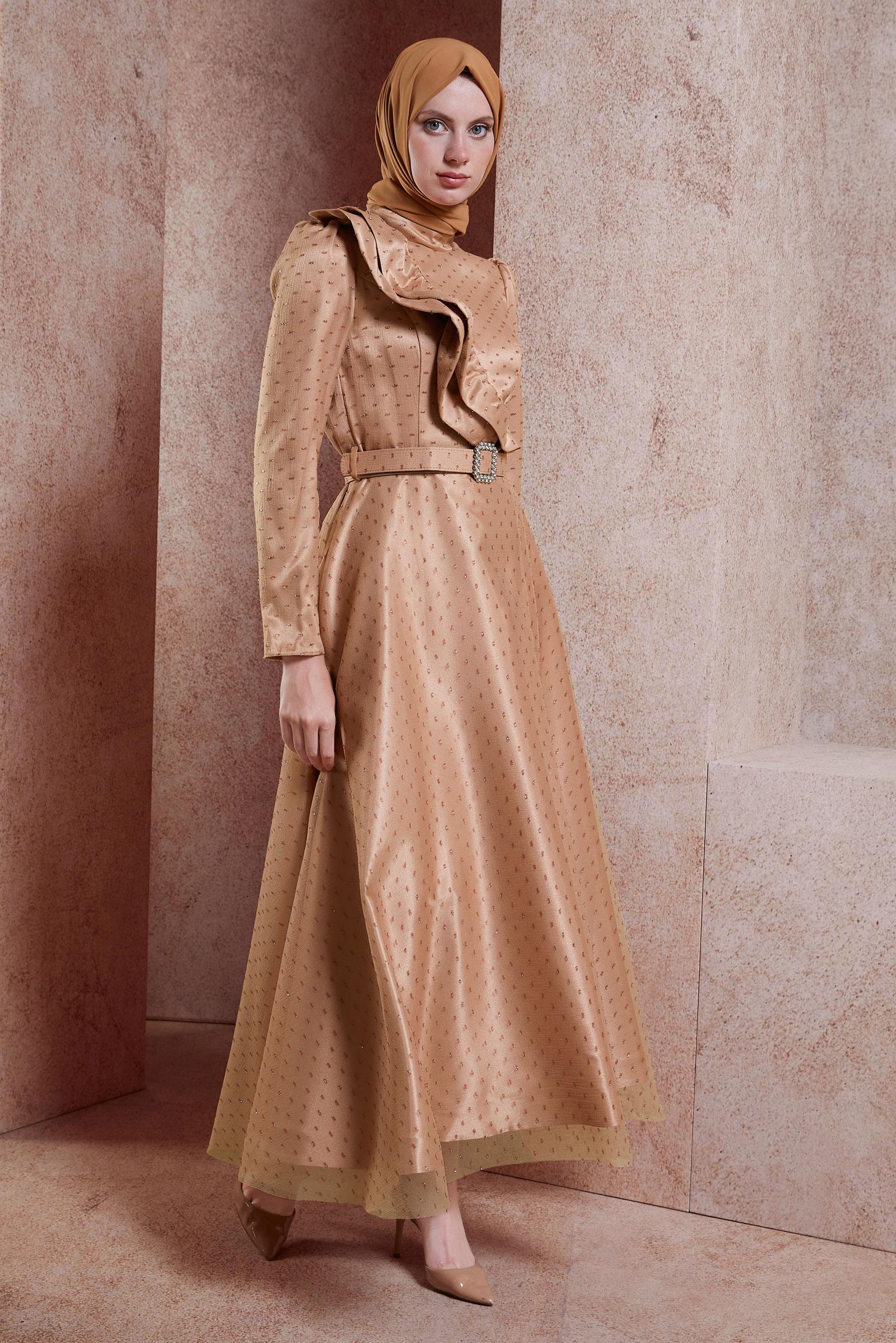 Tesettür giyim KAHVE KEMERLİ TESETTÜR ABİYE ELBİSE 50271