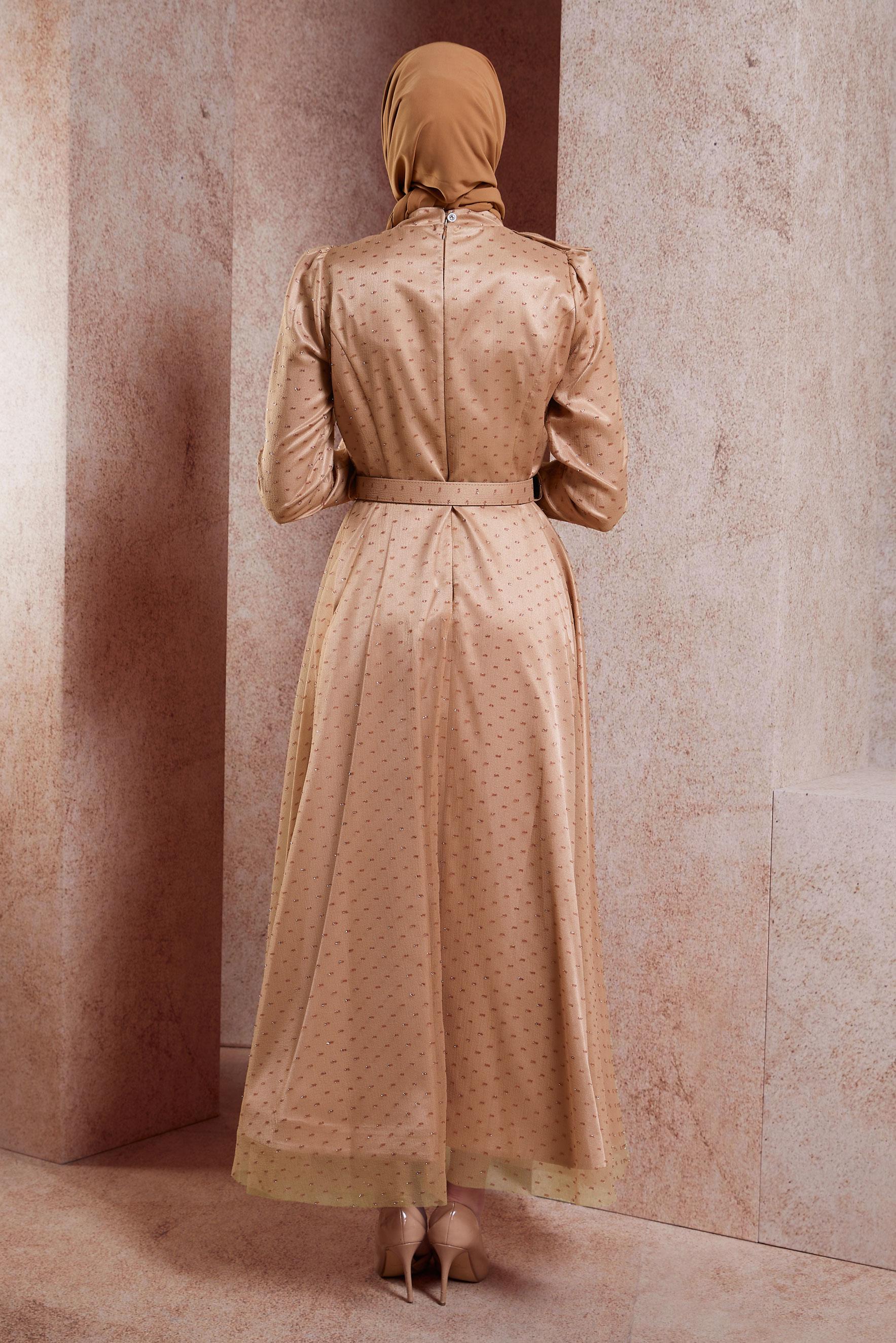 Tesettür giyim KAHVE KEMERLİ TESETTÜR ABİYE ELBİSE 50271