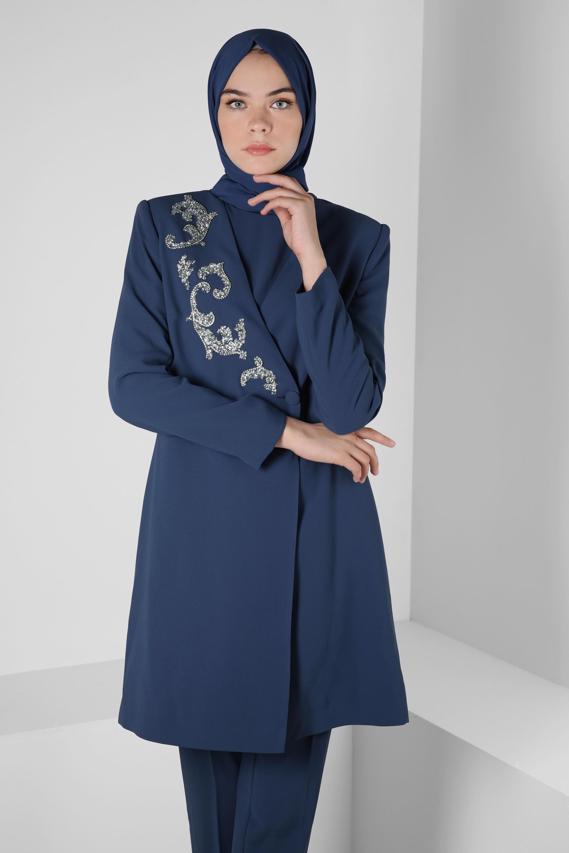 Tesettür giyim LACİVERT TAŞLI NAKIŞLI ÜÇLÜ PANT. TAKIM 30258 