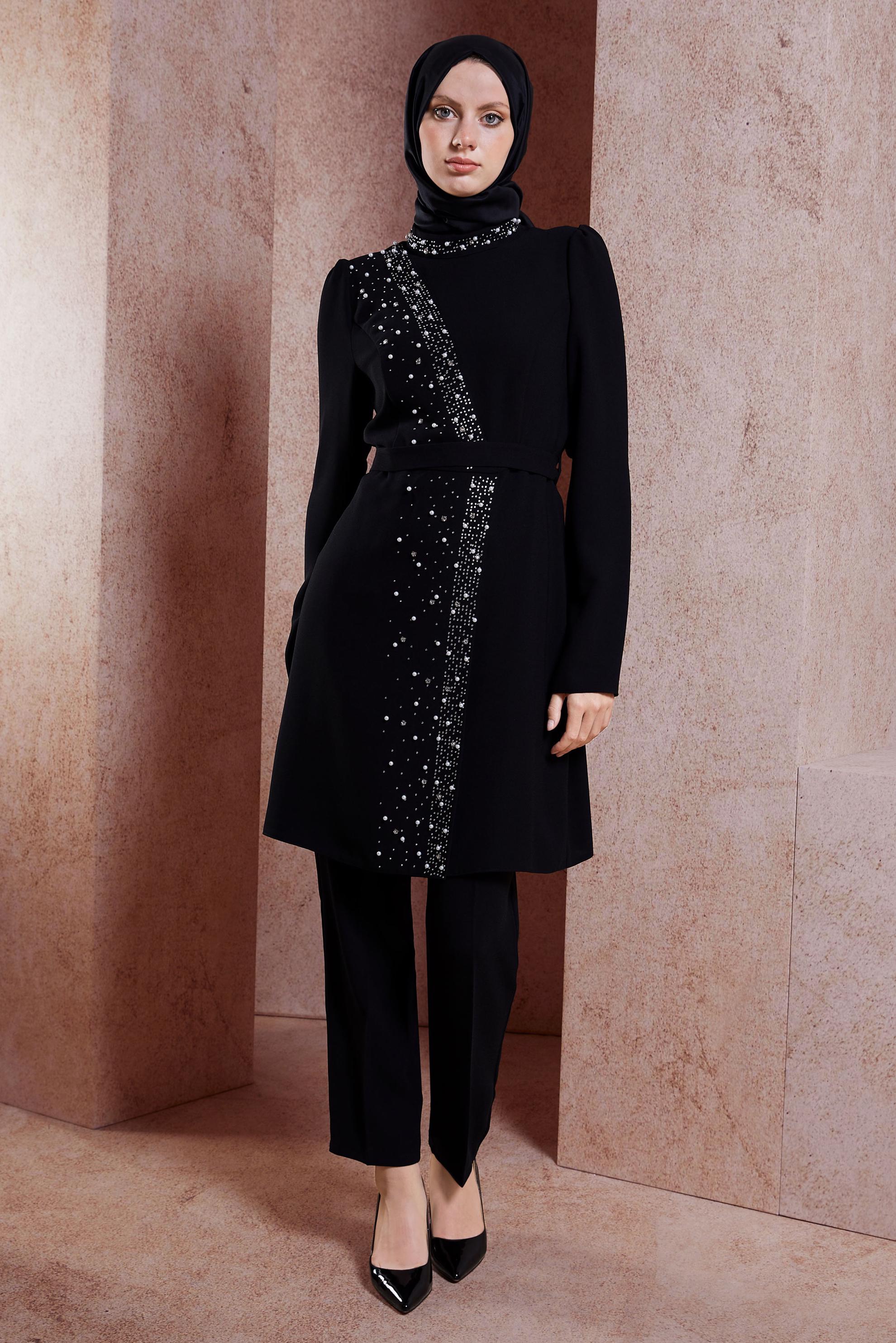 Tesettür giyim SİYAH KEMERLİ PANTOLONLU TAKIM 30271