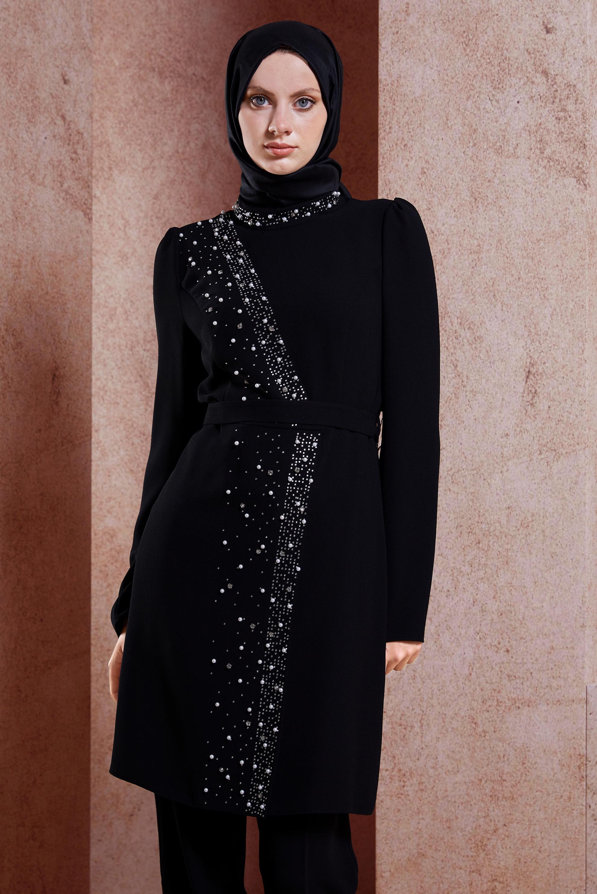 Tesettür giyim SİYAH KEMERLİ PANTOLONLU TAKIM 30271