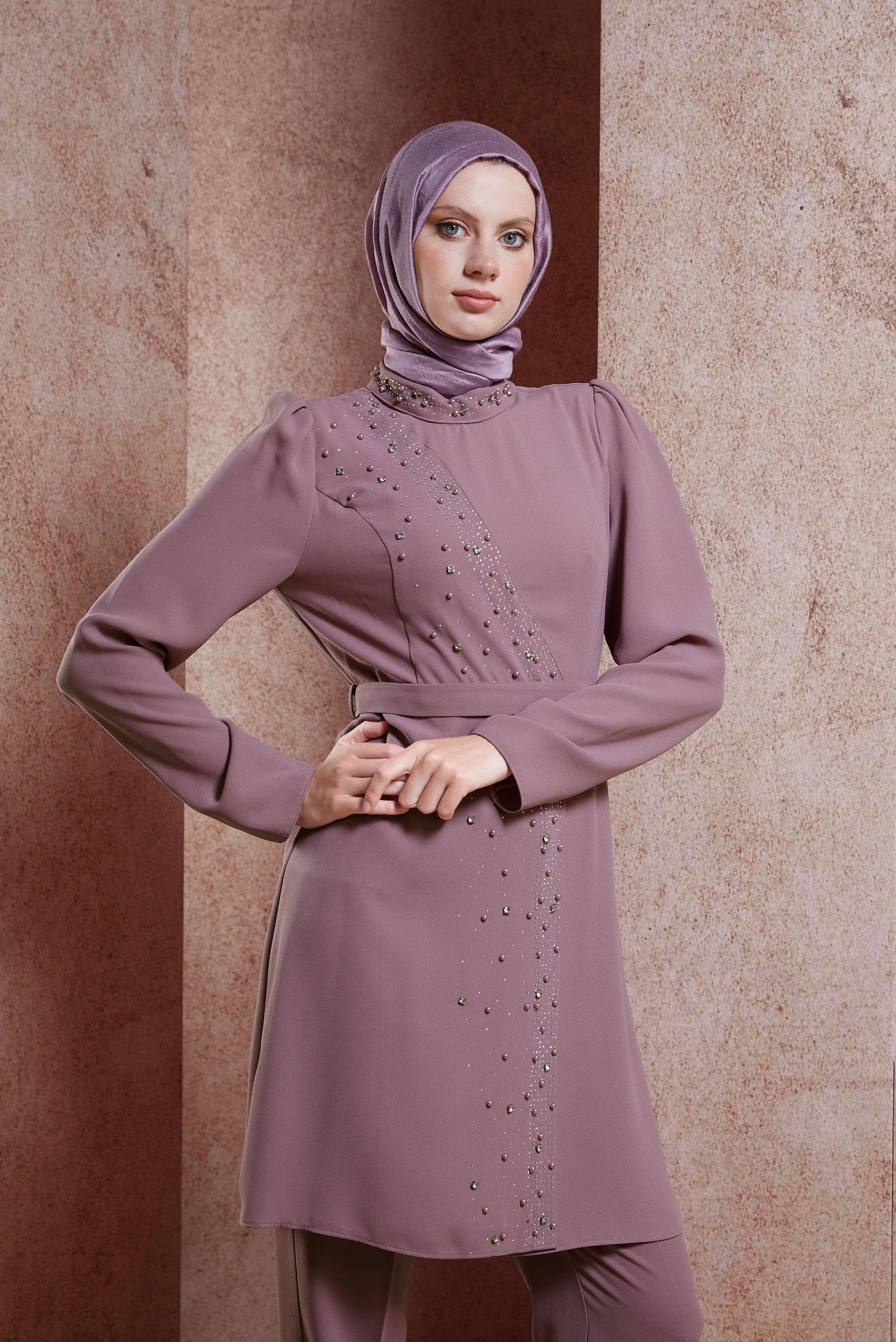 Tesettür giyim MOR KEMERLİ PANTOLONLU TAKIM 30271