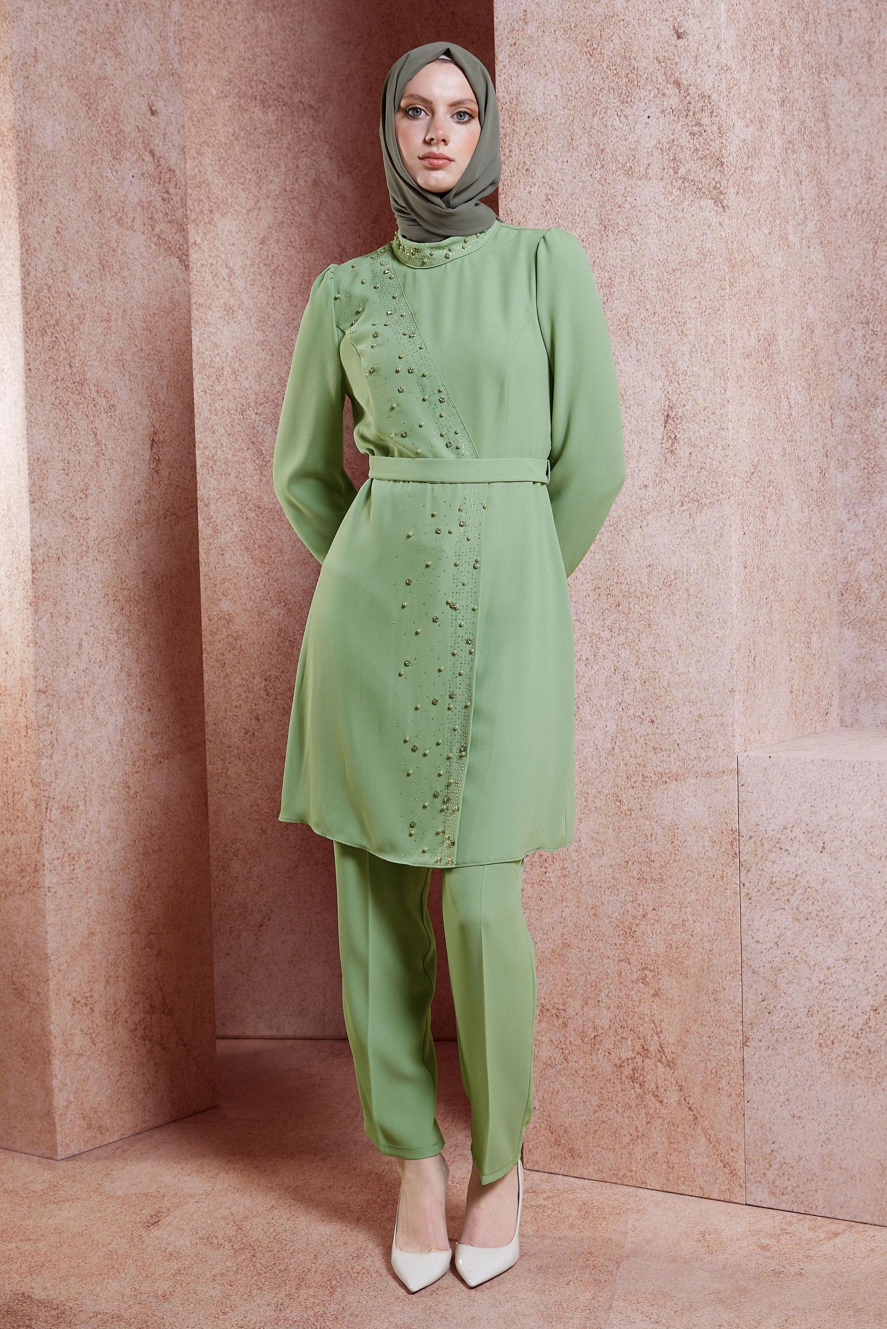Tesettür giyim YEŞİL KEMERLİ PANTOLONLU TAKIM 30271