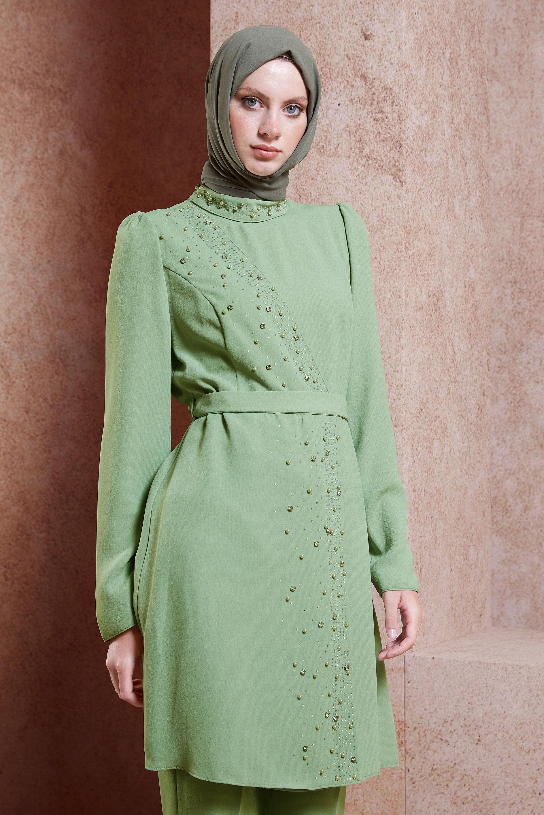Tesettür giyim YEŞİL KEMERLİ PANTOLONLU TAKIM 30271
