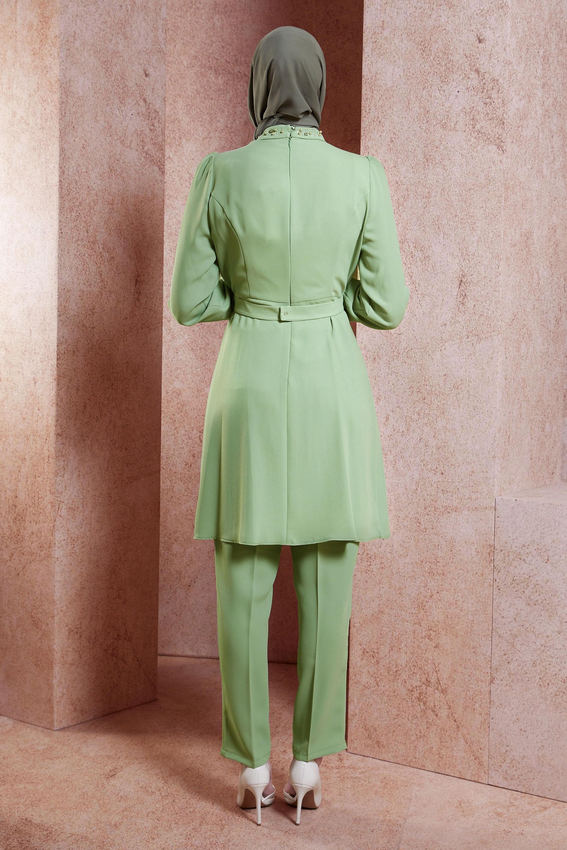 Tesettür giyim YEŞİL KEMERLİ PANTOLONLU TAKIM 30271