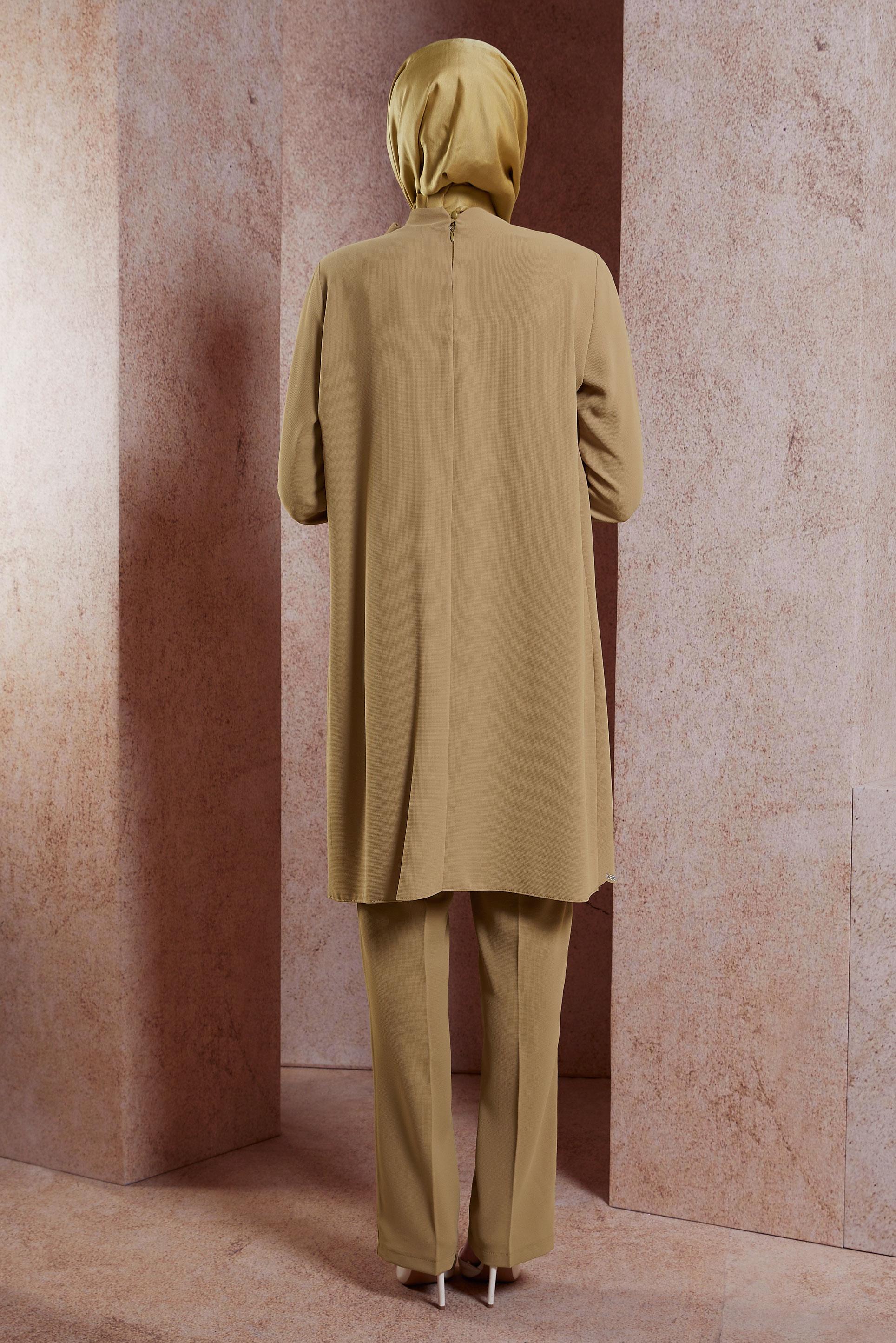 Tesettür giyim KAHVE BAĞLAMA DETAYLI PANTOLONLU TAKIM 30277