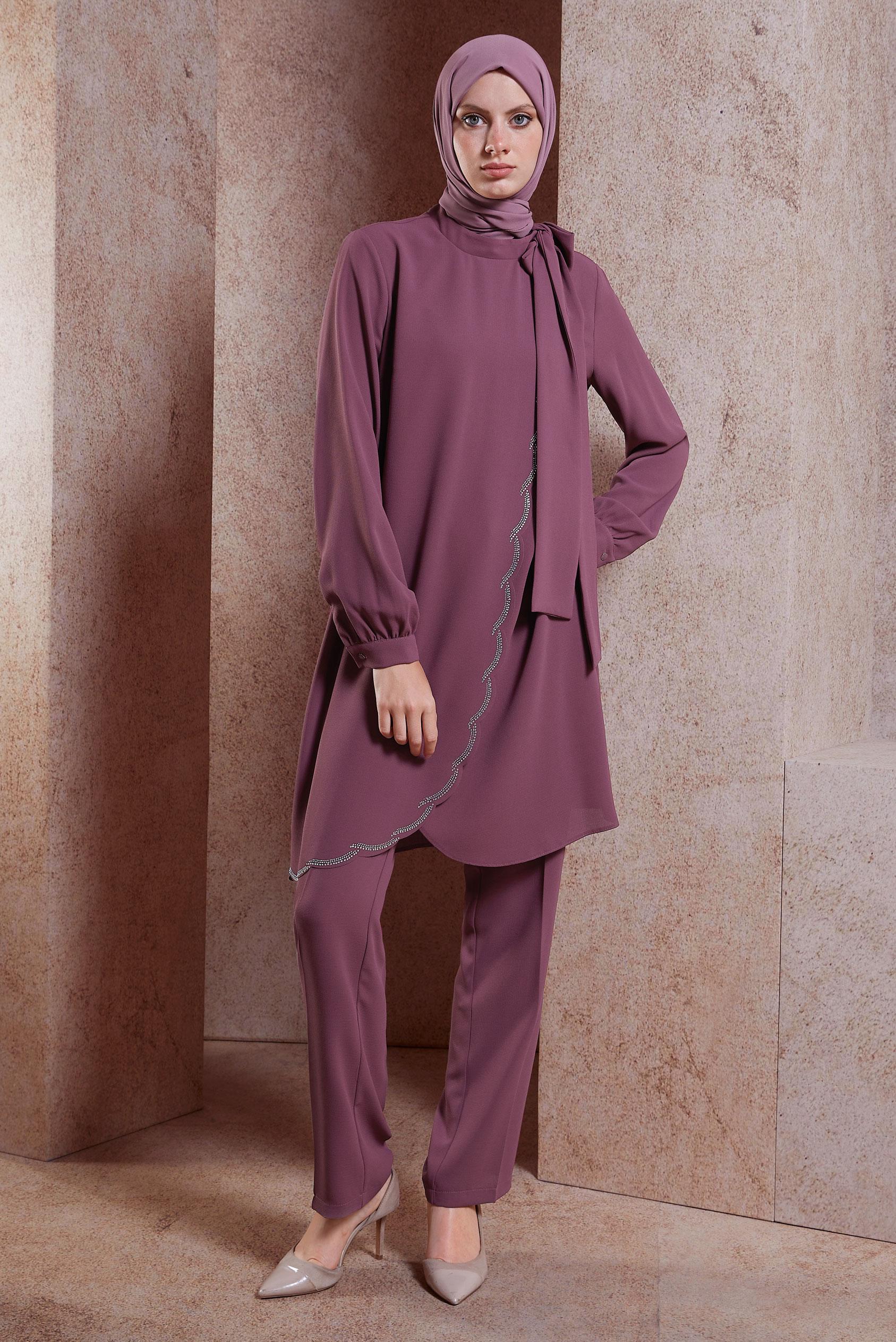 Tesettür giyim PEMBE BAĞLAMA DETAYLI PANTOLONLU TAKIM 30277