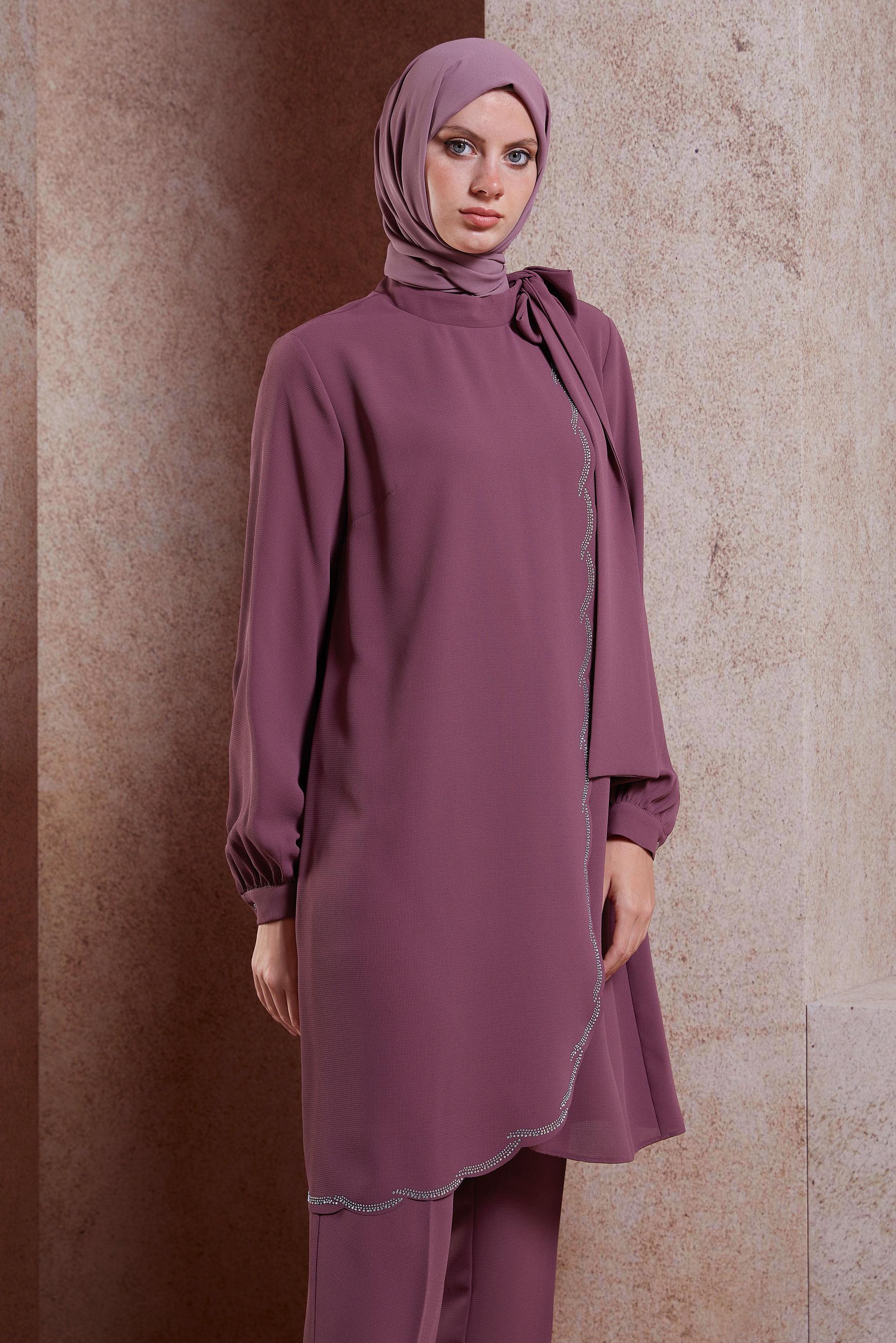 Tesettür giyim PEMBE BAĞLAMA DETAYLI PANTOLONLU TAKIM 30277