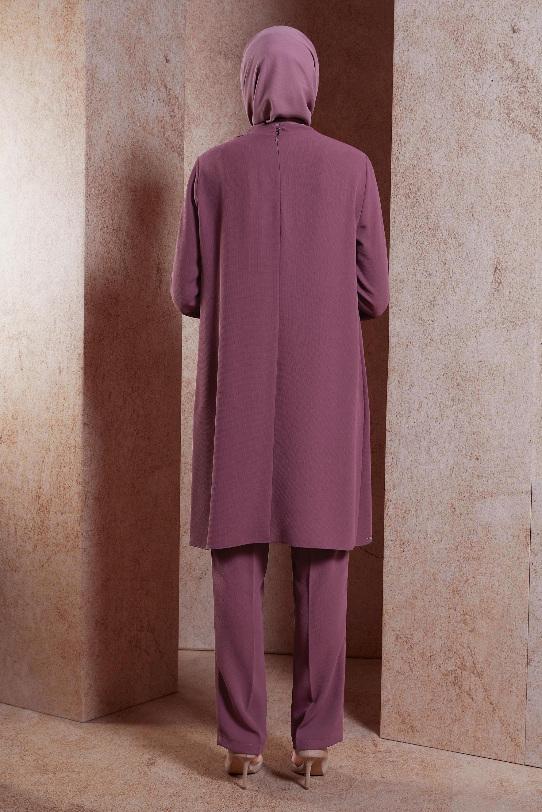 Tesettür giyim PEMBE BAĞLAMA DETAYLI PANTOLONLU TAKIM 30277