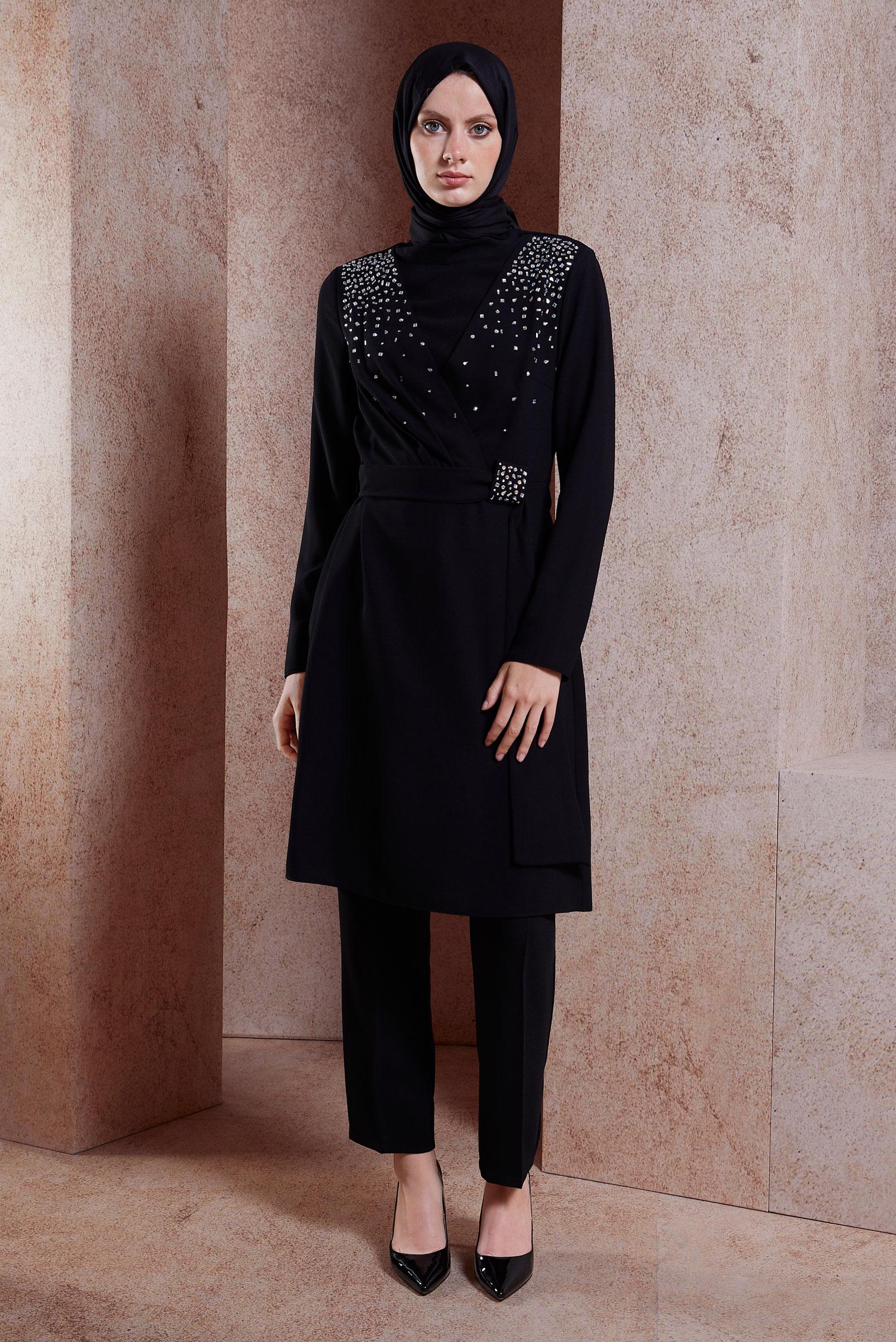 Tesettür giyim SİYAH TAŞ DETAYLI PANTOLONLU TAKIM 30279