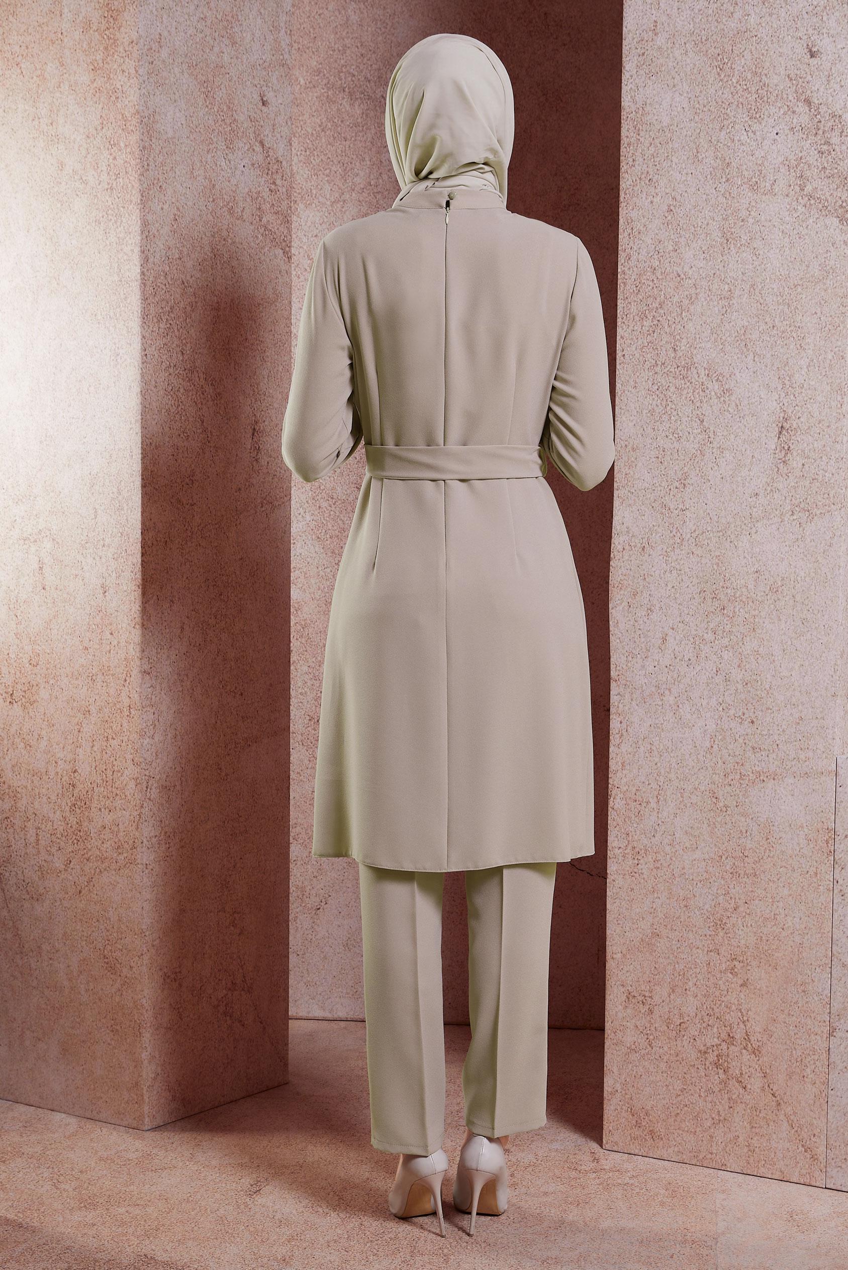 Tesettür giyim BEJ TAŞ DETAYLI PANTOLONLU TAKIM 30279