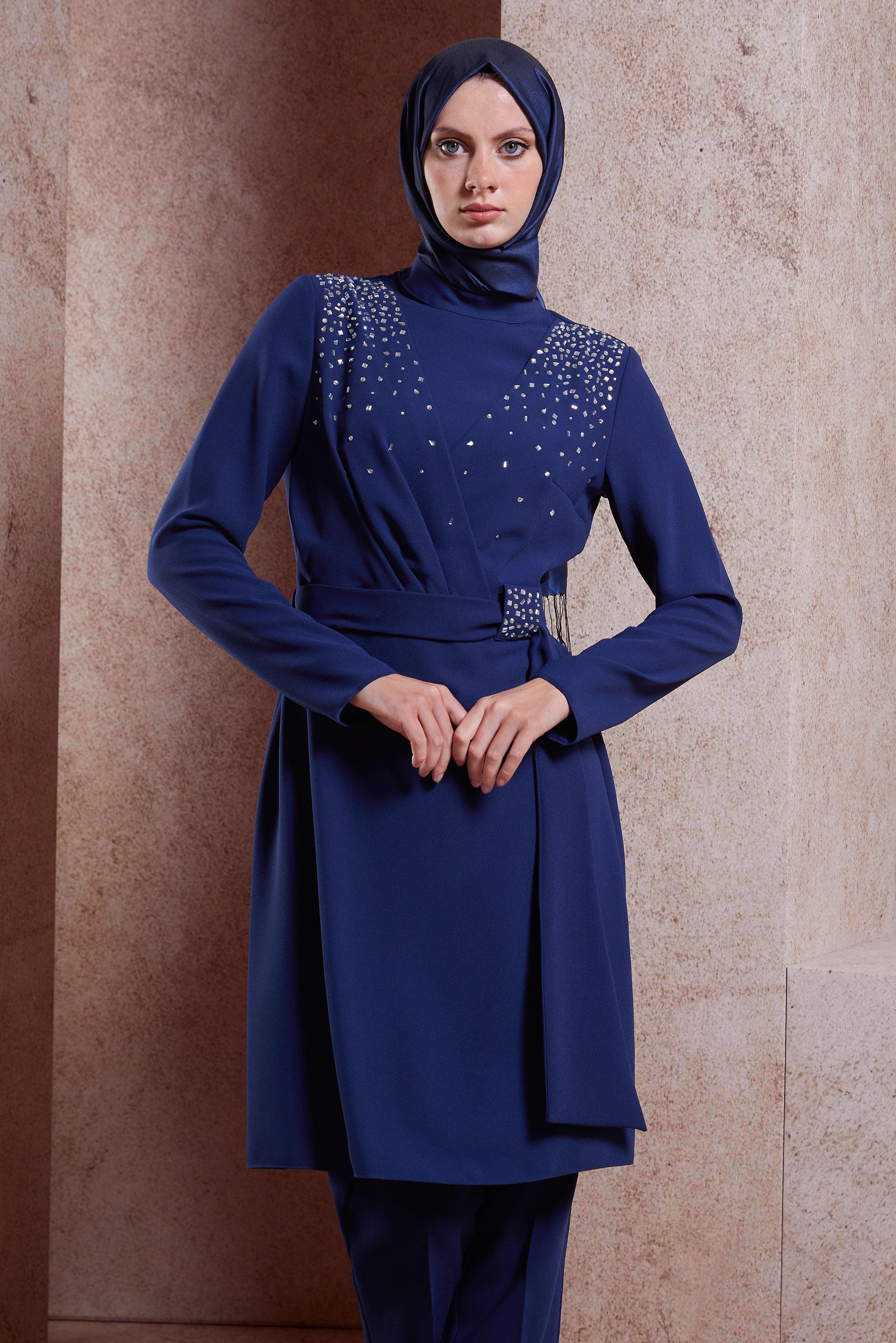 Tesettür giyim LACİVERT TAŞ DETAYLI PANTOLONLU TAKIM 30279