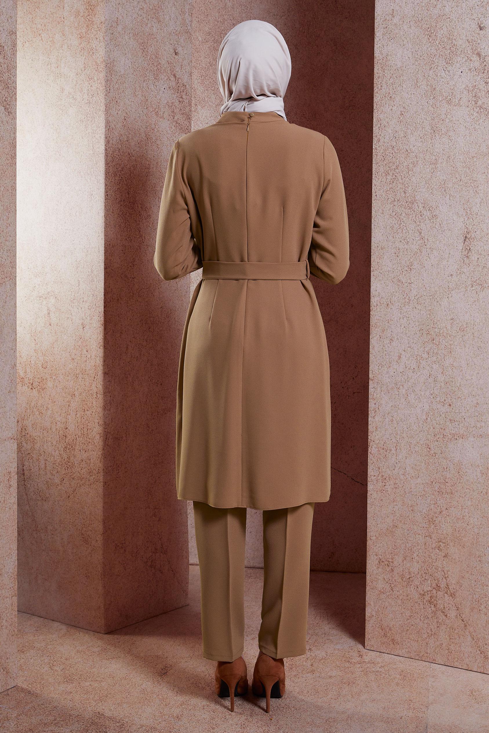 Tesettür giyim KAHVE TAŞ DETAYLI PANTOLONLU TAKIM 30279