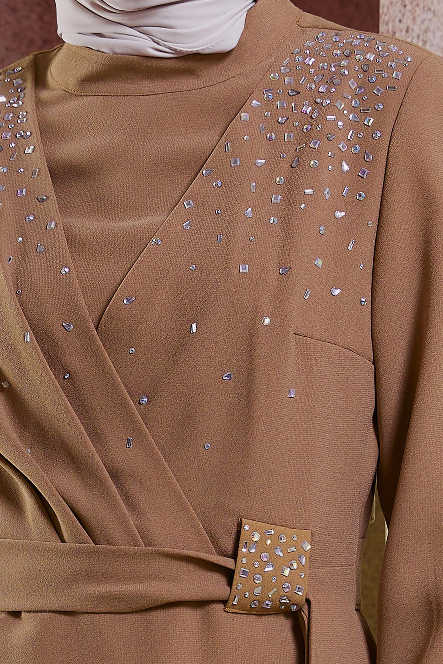 Tesettür giyim KAHVE TAŞ DETAYLI PANTOLONLU TAKIM 30279