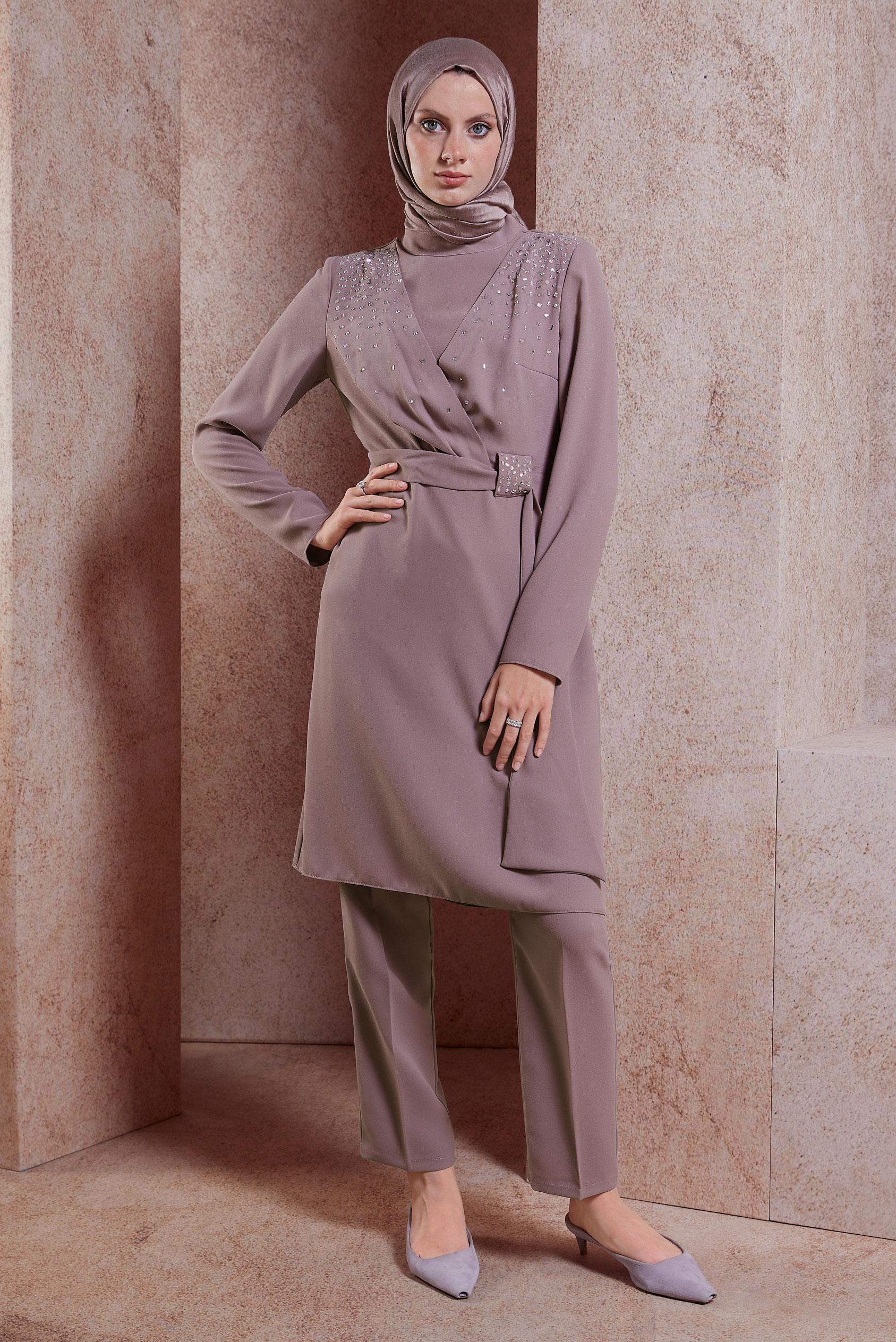 Tesettür giyim PEMBE TAŞ DETAYLI PANTOLONLU TAKIM 30279