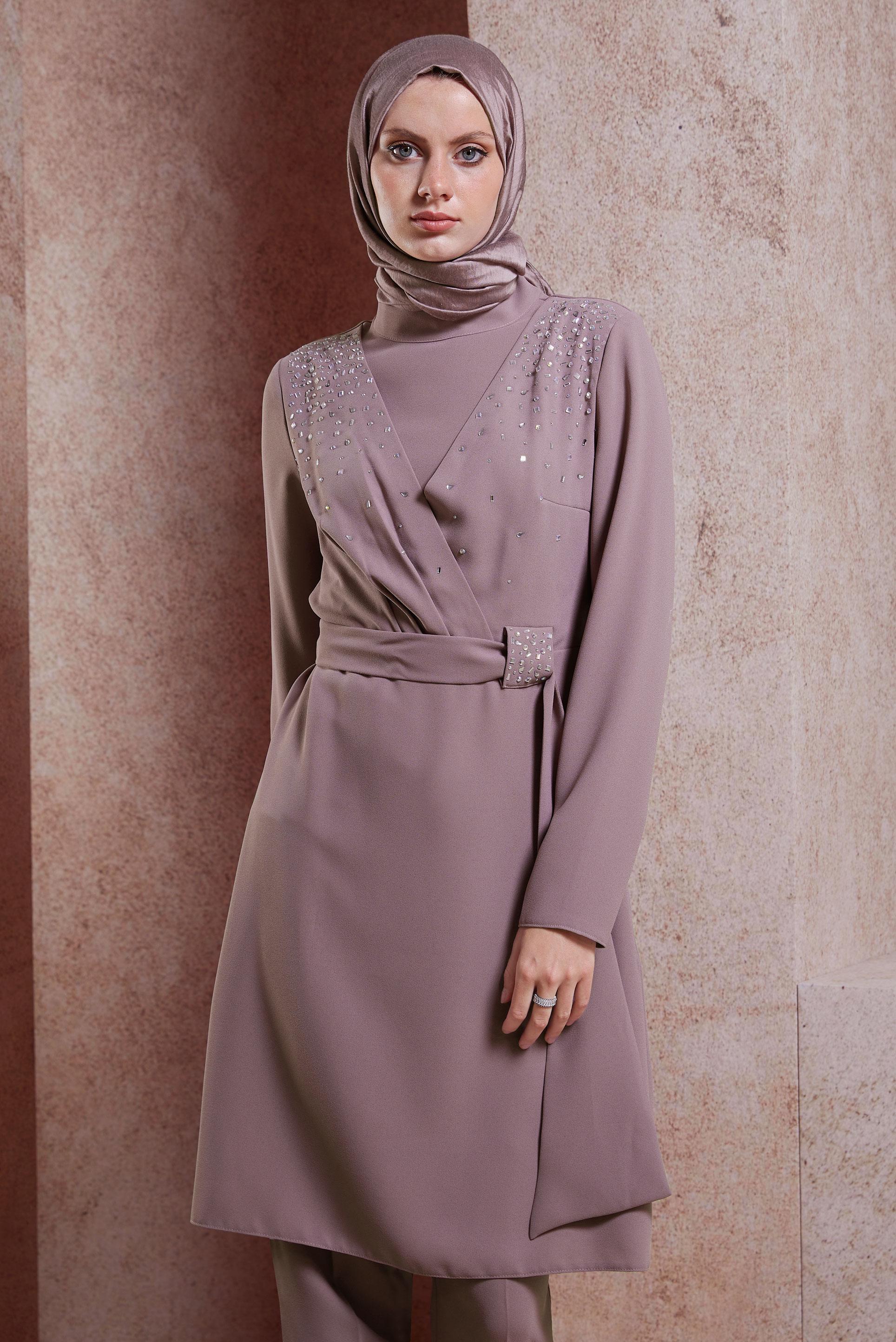 Tesettür giyim PEMBE TAŞ DETAYLI PANTOLONLU TAKIM 30279