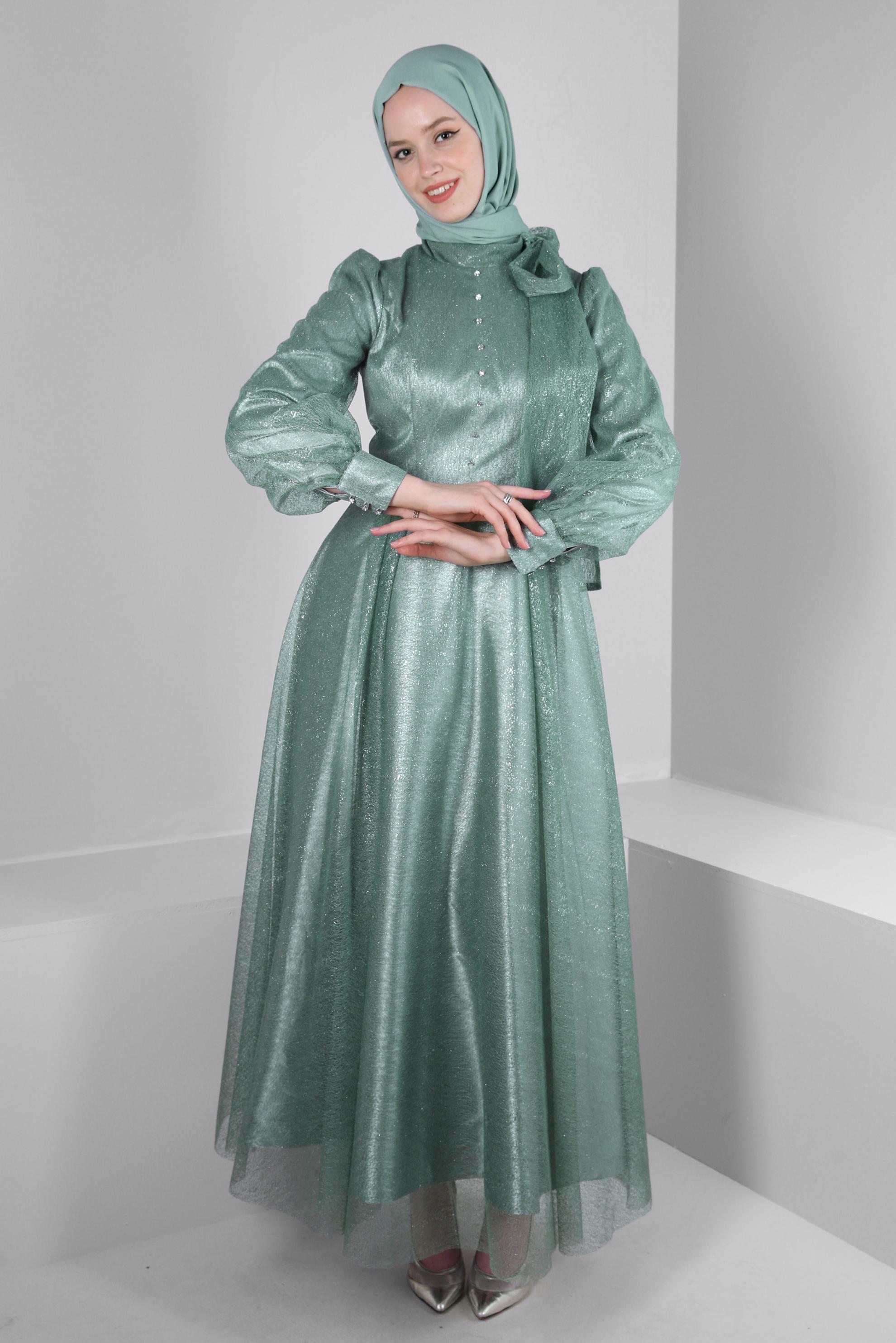 Tesettür giyim YEŞİL YAKASI BAĞLAMALI SİMLİ ABİYE ELBİSE 50267