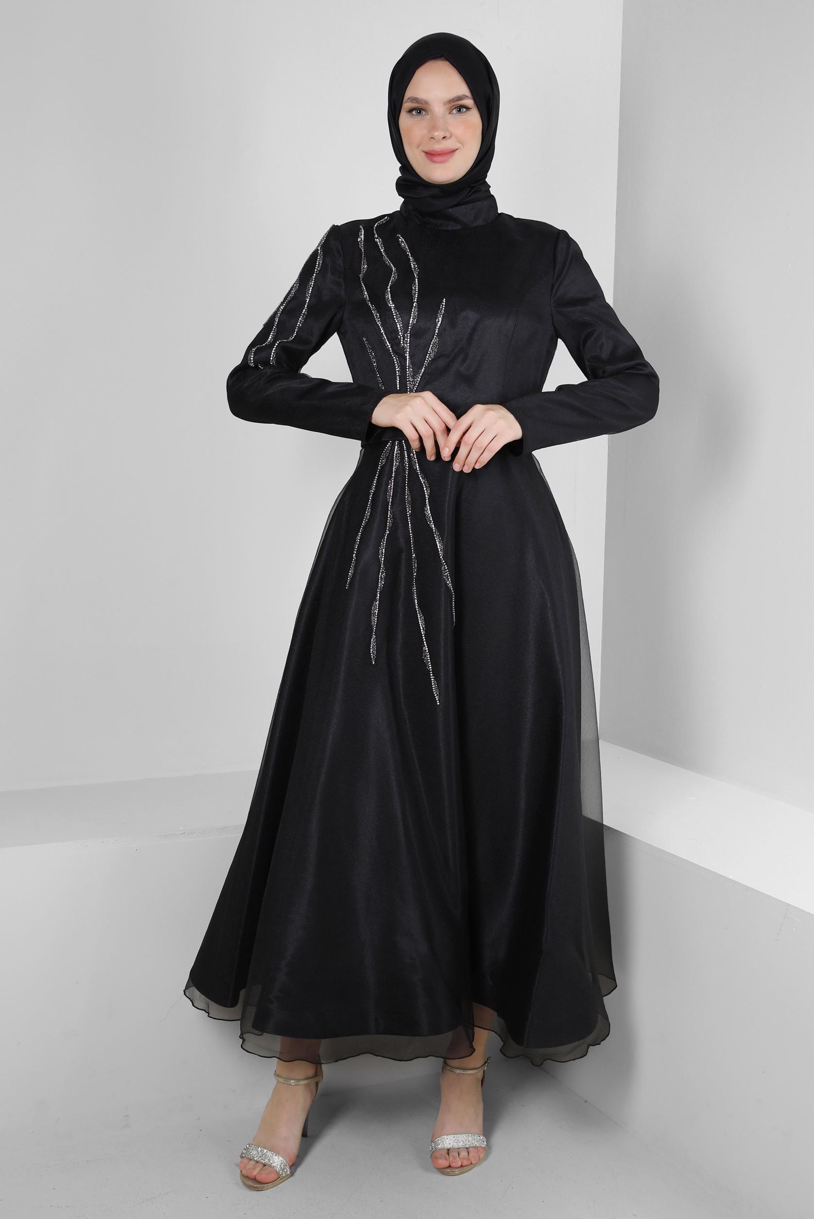 Tesettür giyim SİYAH TAŞ BASKILI TÜL DETAYLI ABİYE ELBİSE 50301