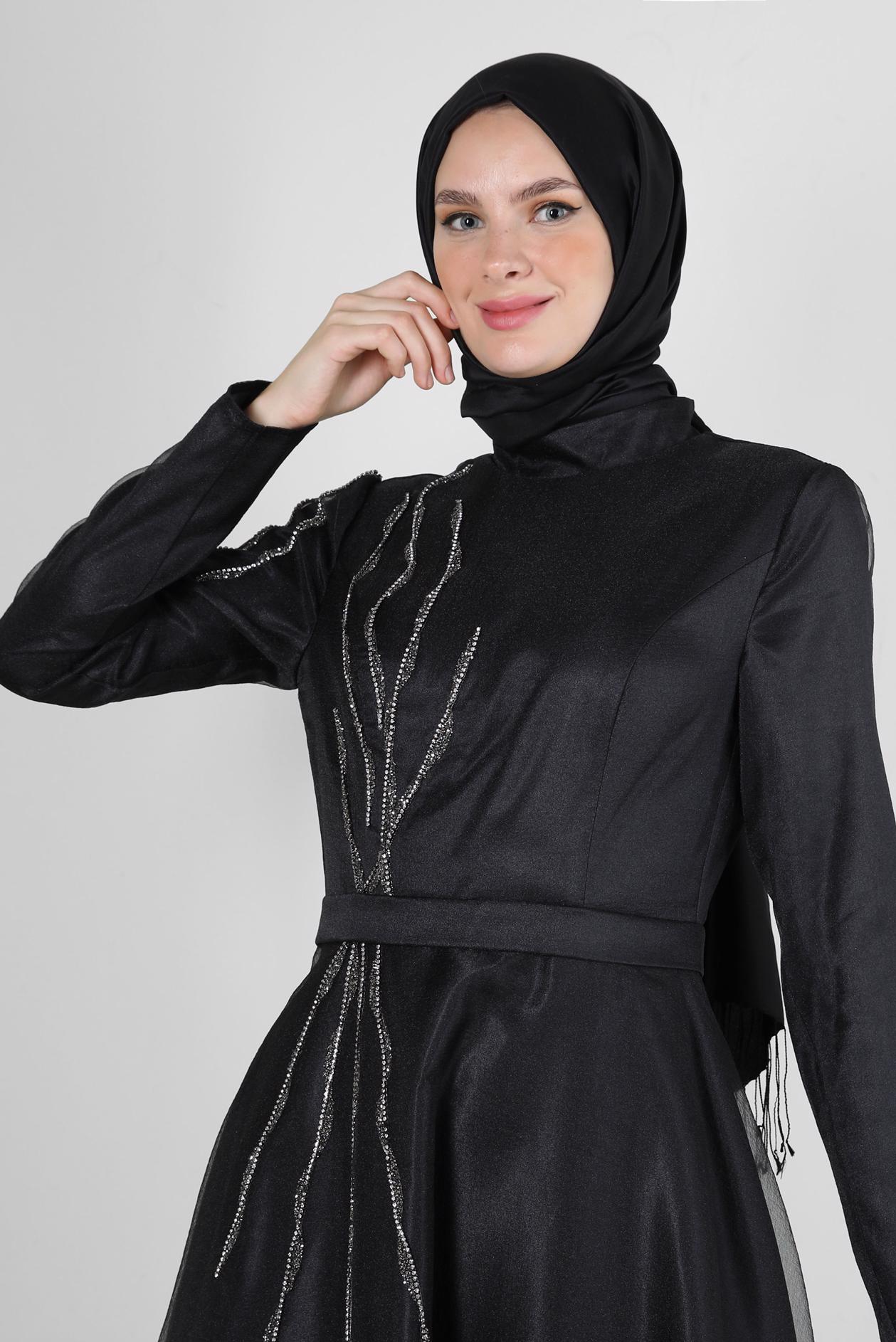 Tesettür giyim SİYAH TAŞ BASKILI TÜL DETAYLI ABİYE ELBİSE 50301