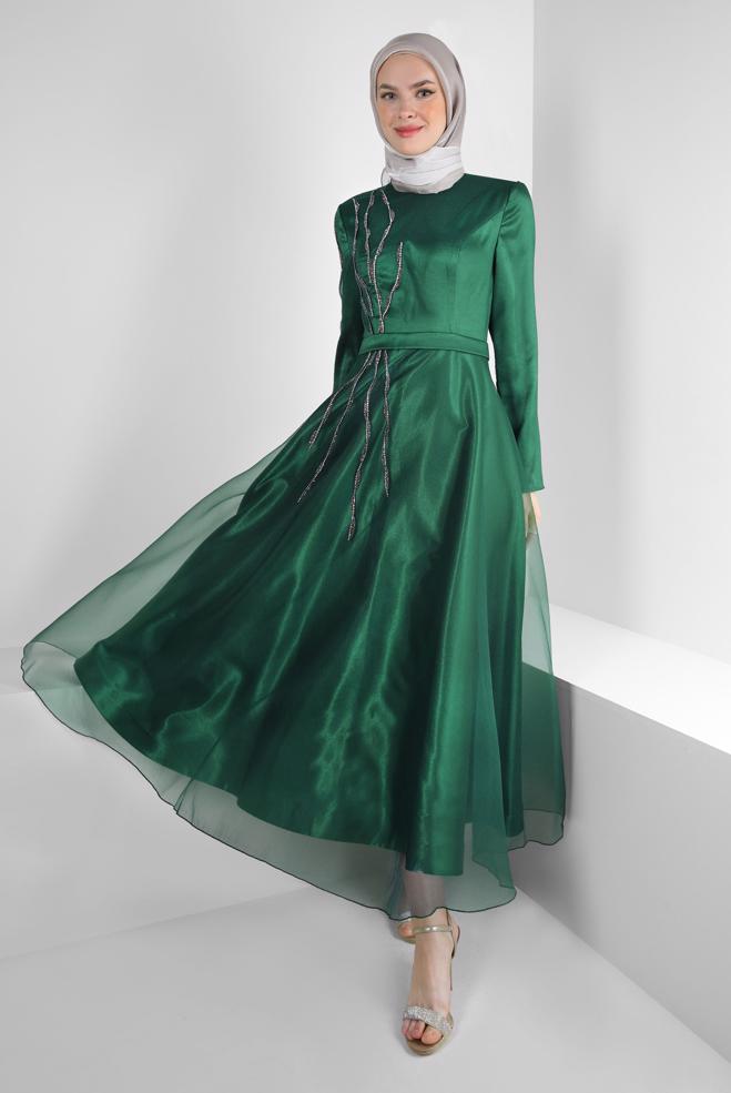 Vêtements hijab VERT ROBE DE SOIRÉE BRODÉE GEM AVEC DÉTAIL TULLE 50301 - ALVİNA