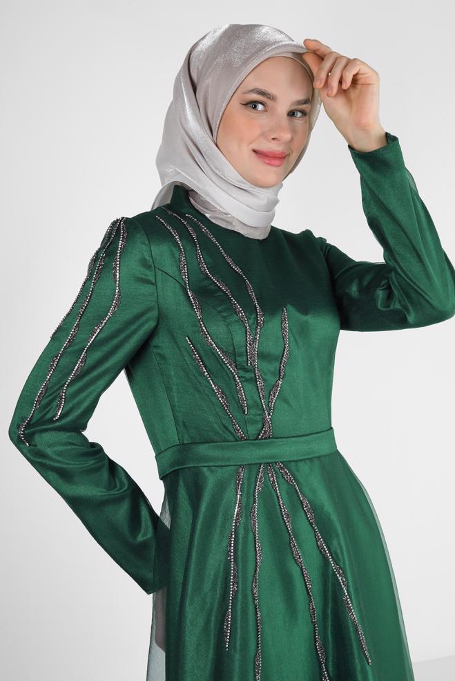 Vêtements hijab VERT ROBE DE SOIRÉE BRODÉE GEM AVEC DÉTAIL TULLE 50301 - ALVİNA