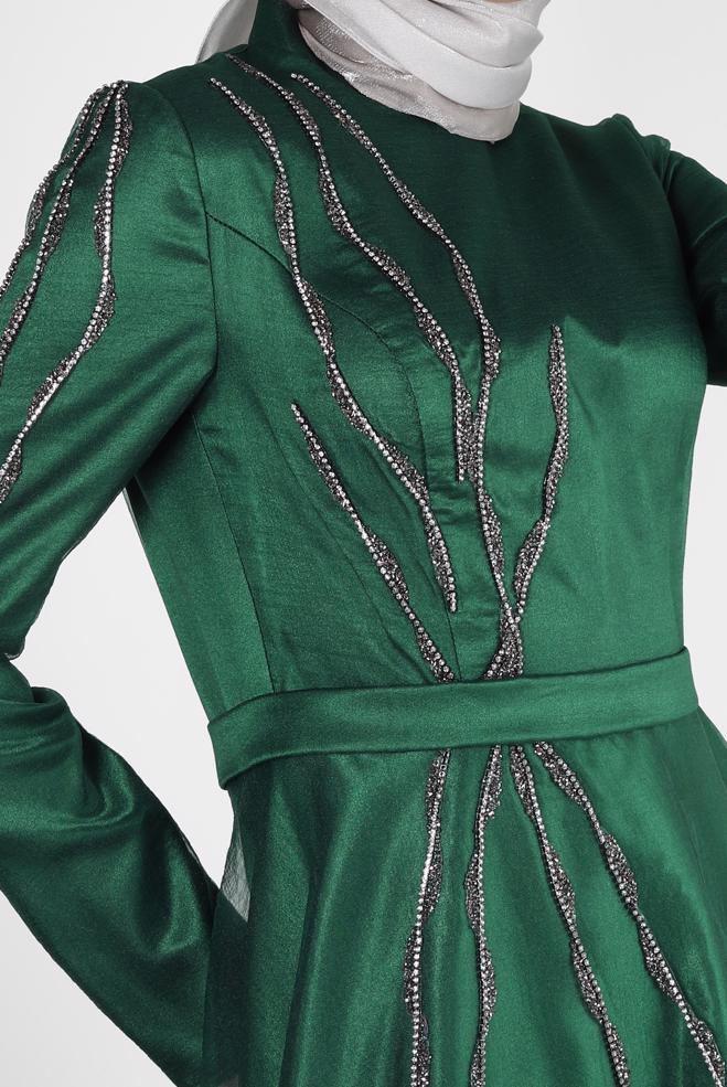 Vêtements hijab VERT ROBE DE SOIRÉE BRODÉE GEM AVEC DÉTAIL TULLE 50301 - ALVİNA