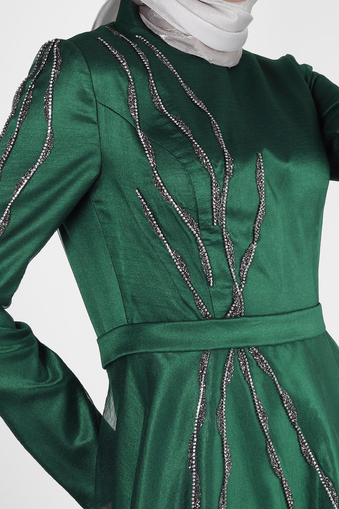 Vêtements hijab VERT ROBE DE SOIRÉE BRODÉE GEM AVEC DÉTAIL TULLE 50301