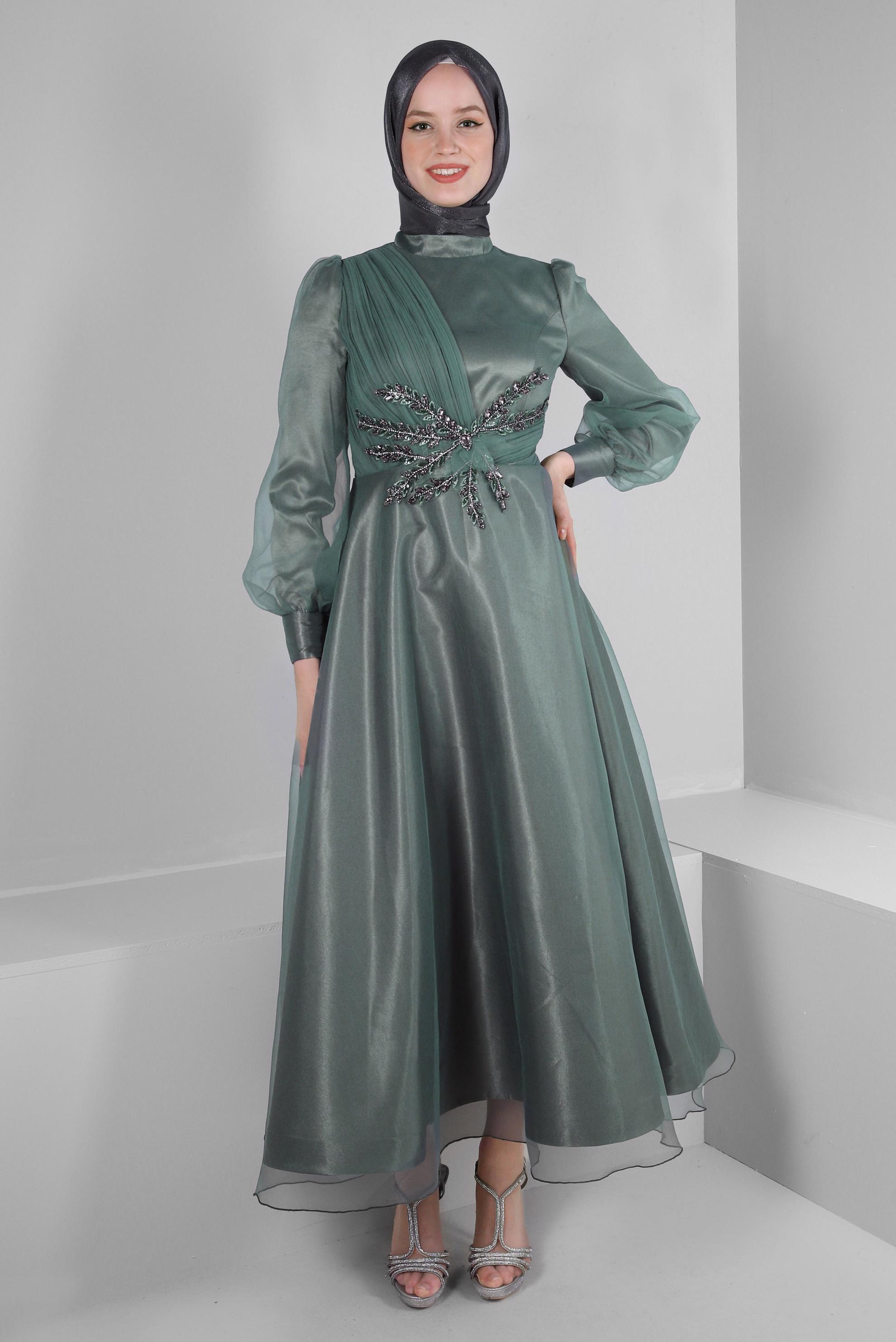 Tesettür giyim HAKİ TAŞ İŞLEMELİ TÜL DETAYLI ABİYE ELBİSE 50302