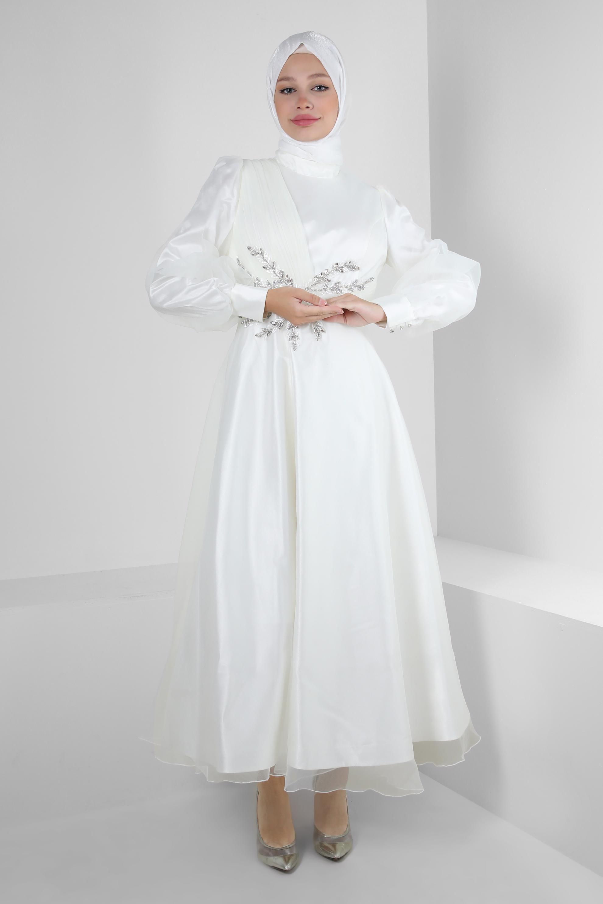 Tesettür giyim EKRU TAŞ İŞLEMELİ TÜL DETAYLI ABİYE ELBİSE 50302