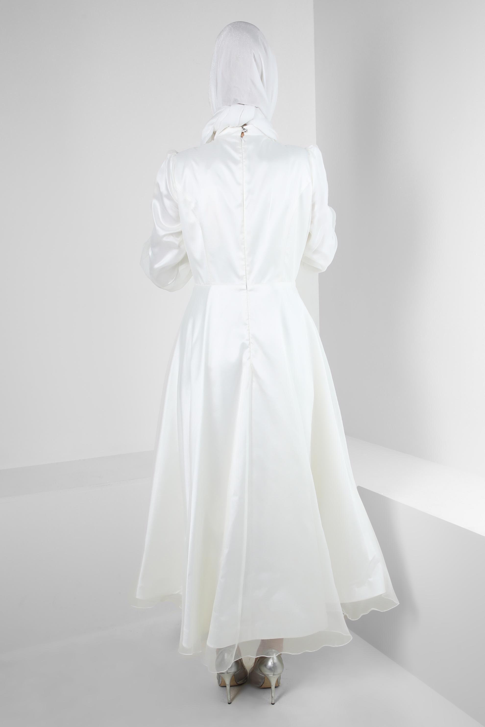 Tesettür giyim EKRU TAŞ İŞLEMELİ TÜL DETAYLI ABİYE ELBİSE 50302