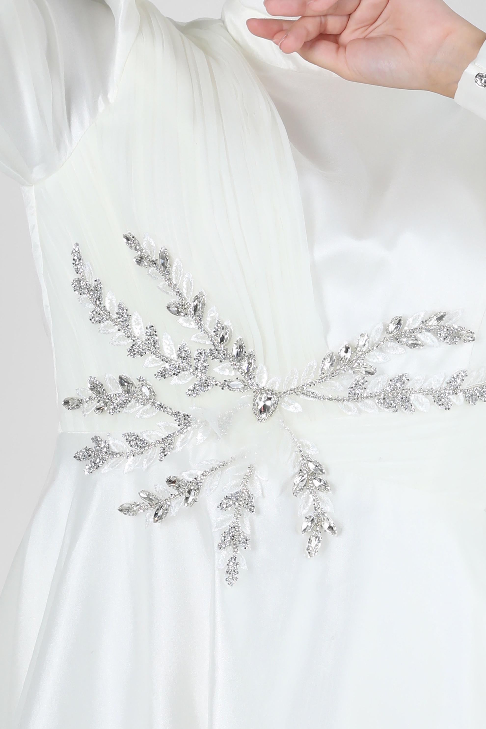 Tesettür giyim EKRU TAŞ İŞLEMELİ TÜL DETAYLI ABİYE ELBİSE 50302