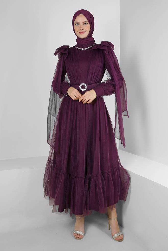 Vêtements hijab PRUNE ROBE DE SOIRÉE EN TULLE AVEC CEINTURE 50305 - ALVİNA