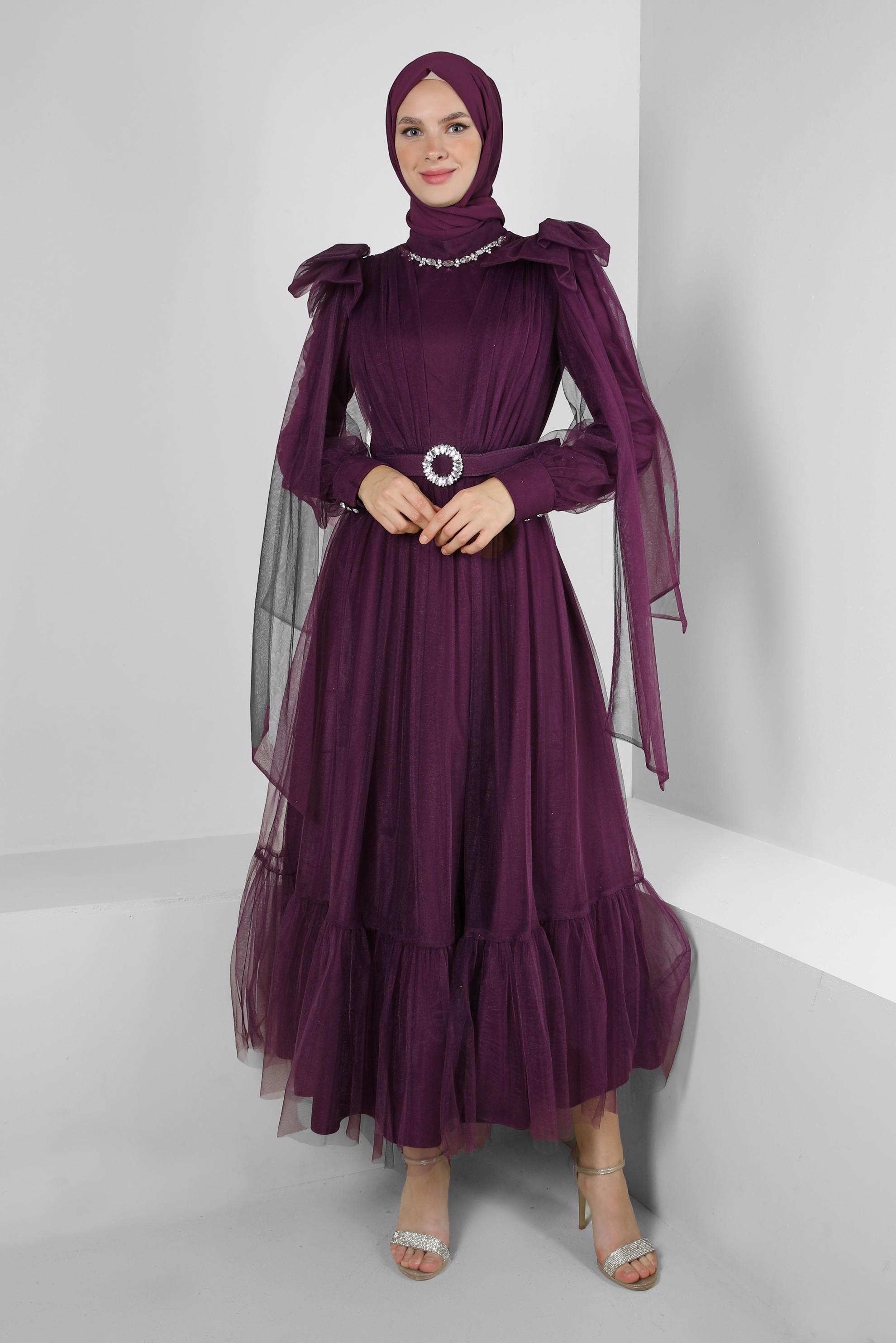 Vêtements hijab PRUNE ROBE DE SOIRÉE EN TULLE AVEC CEINTURE 50305