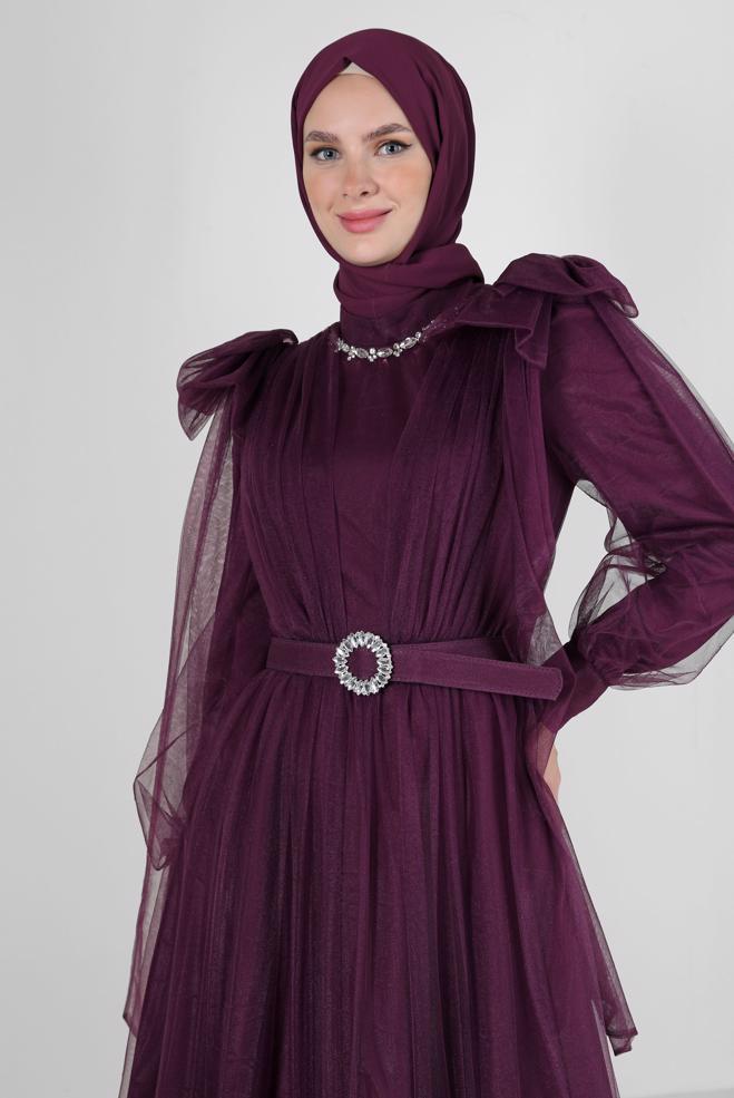 Vêtements hijab PRUNE ROBE DE SOIRÉE EN TULLE AVEC CEINTURE 50305 - ALVİNA