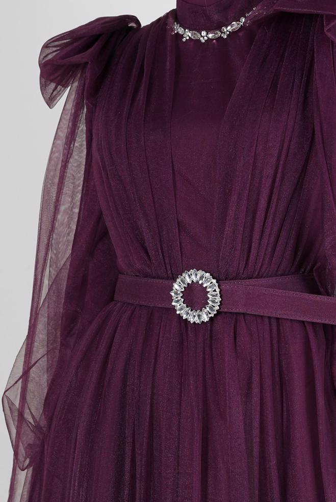 Vêtements hijab PRUNE ROBE DE SOIRÉE EN TULLE AVEC CEINTURE 50305 - ALVİNA