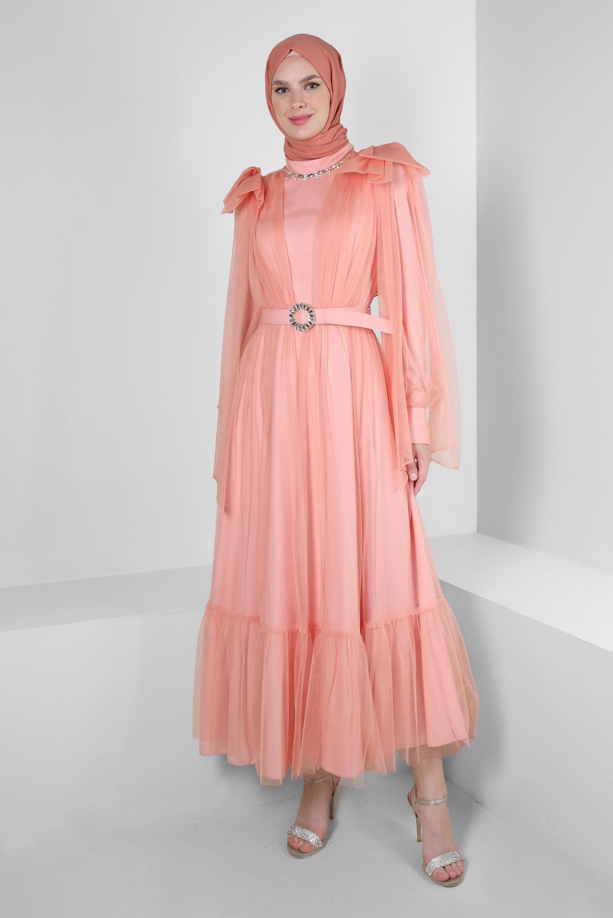 Tesettür giyim PUDRA KEMERLİ TÜL DETAYLI ABİYE ELBİSE 50305