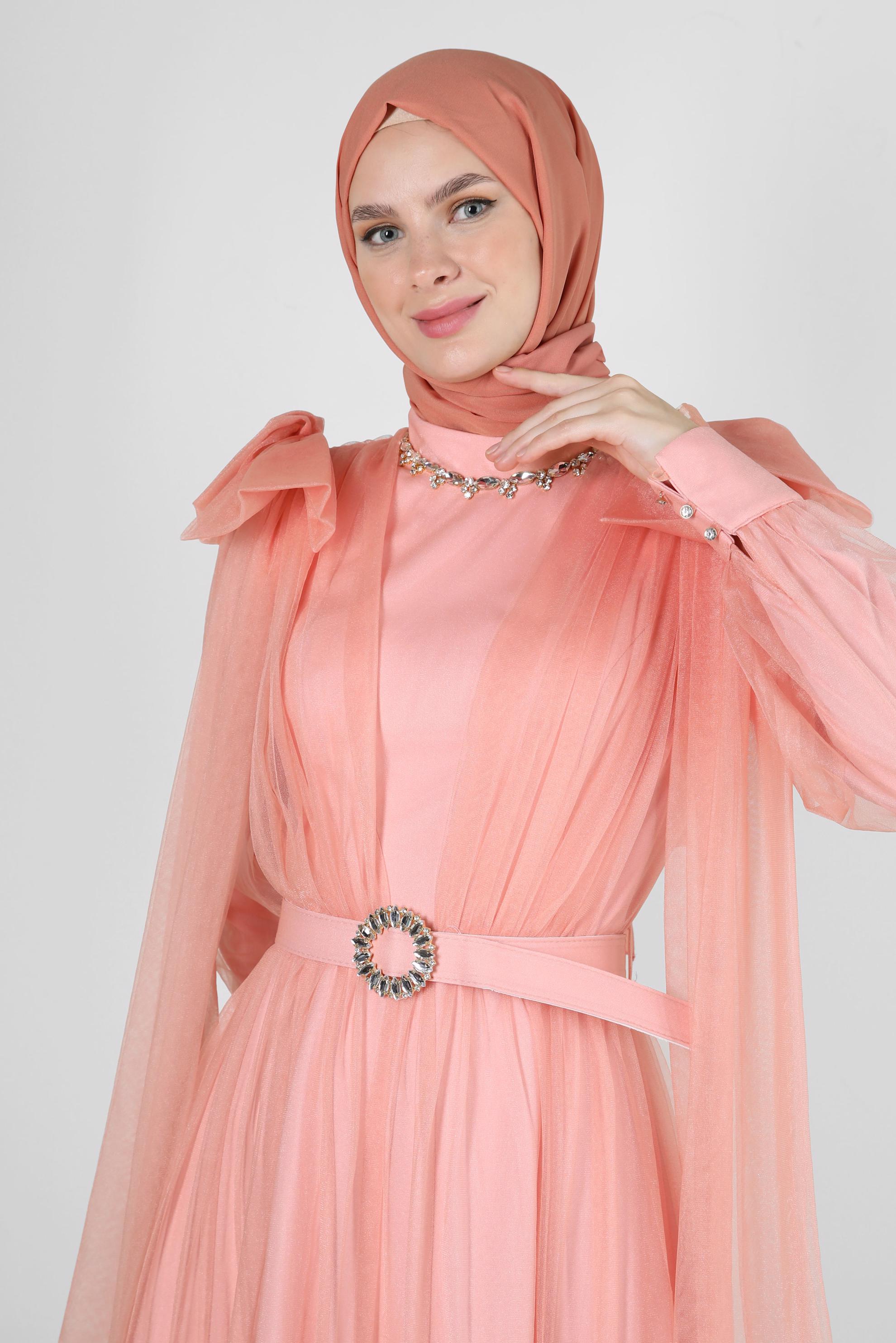 Tesettür giyim PUDRA KEMERLİ TÜL DETAYLI ABİYE ELBİSE 50305