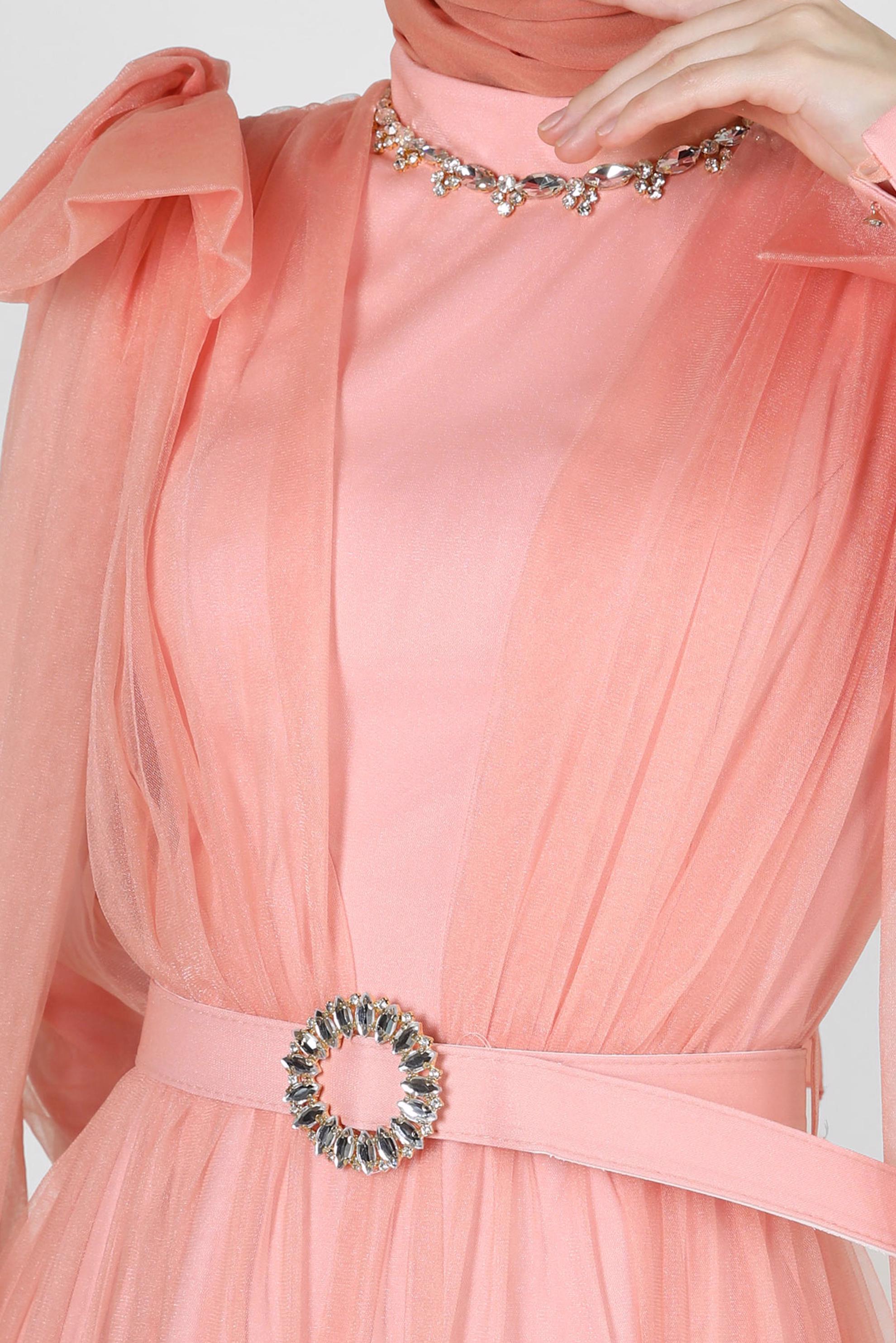 Tesettür giyim PUDRA KEMERLİ TÜL DETAYLI ABİYE ELBİSE 50305