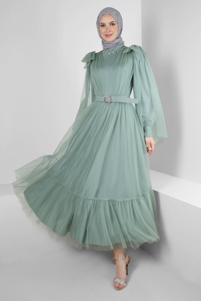 Hijab-Kleidung GRÜN KEMERLİ TÜL DETAYLI ABİYE ELBİSE 50305 - ALVİNA