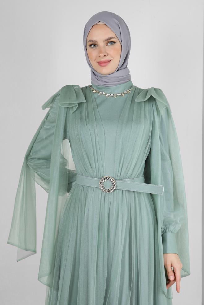 Hijab-Kleidung GRÜN KEMERLİ TÜL DETAYLI ABİYE ELBİSE 50305 - ALVİNA