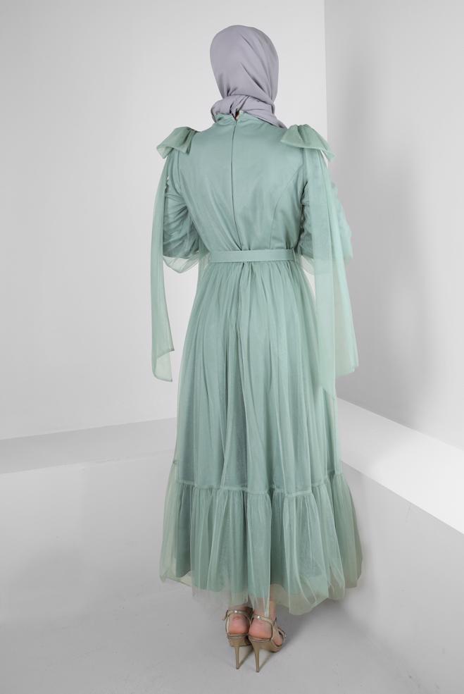 Hijab-Kleidung GRÜN KEMERLİ TÜL DETAYLI ABİYE ELBİSE 50305 - ALVİNA