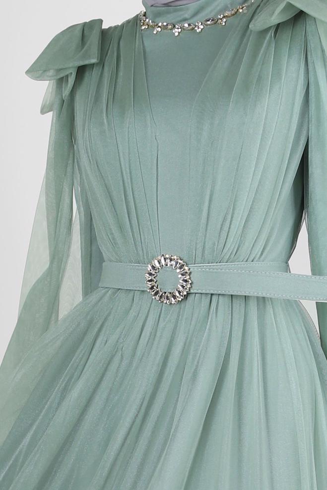 Hijab-Kleidung GRÜN KEMERLİ TÜL DETAYLI ABİYE ELBİSE 50305 - ALVİNA